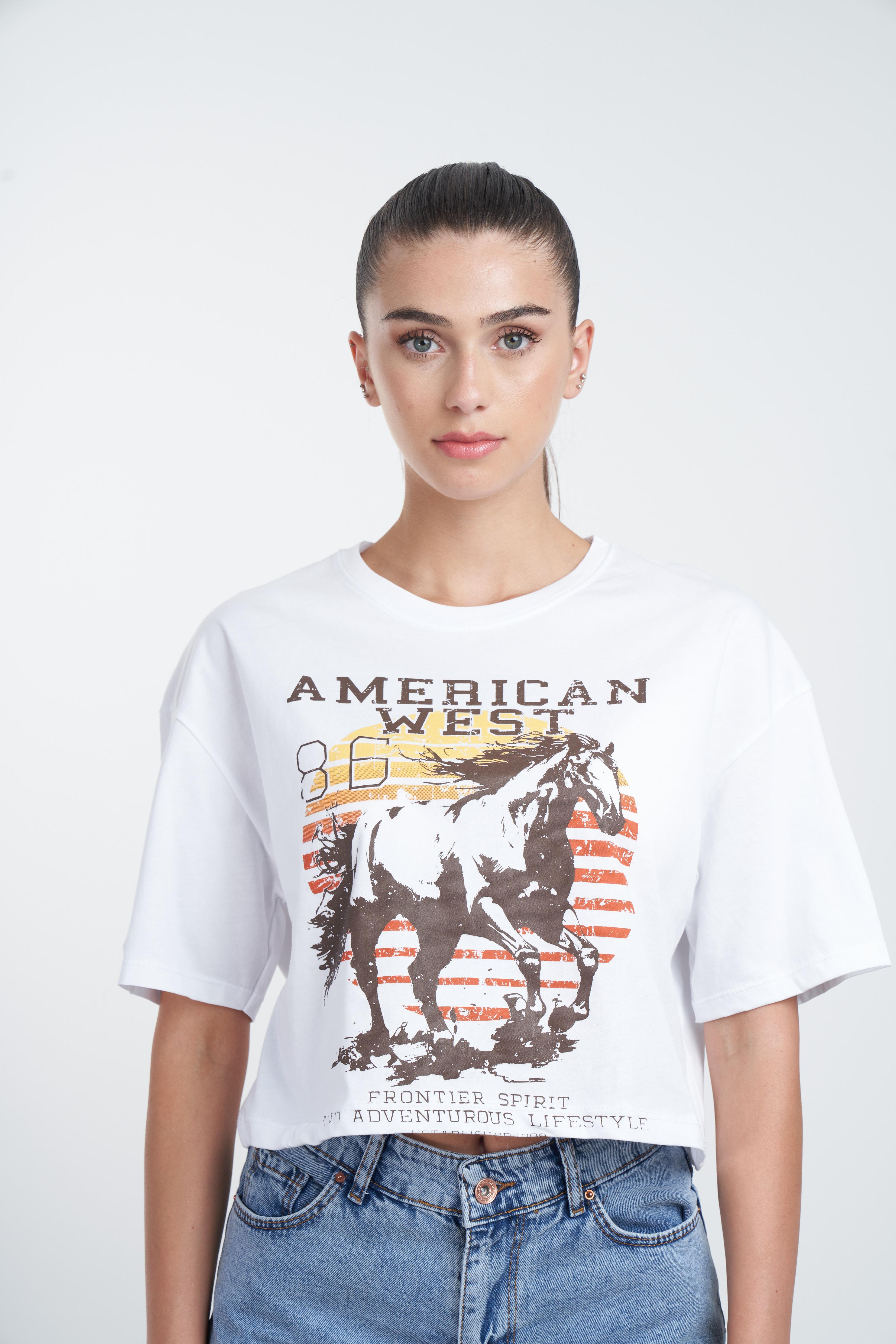 At Baskılı Kısa T-shirt Beyaz