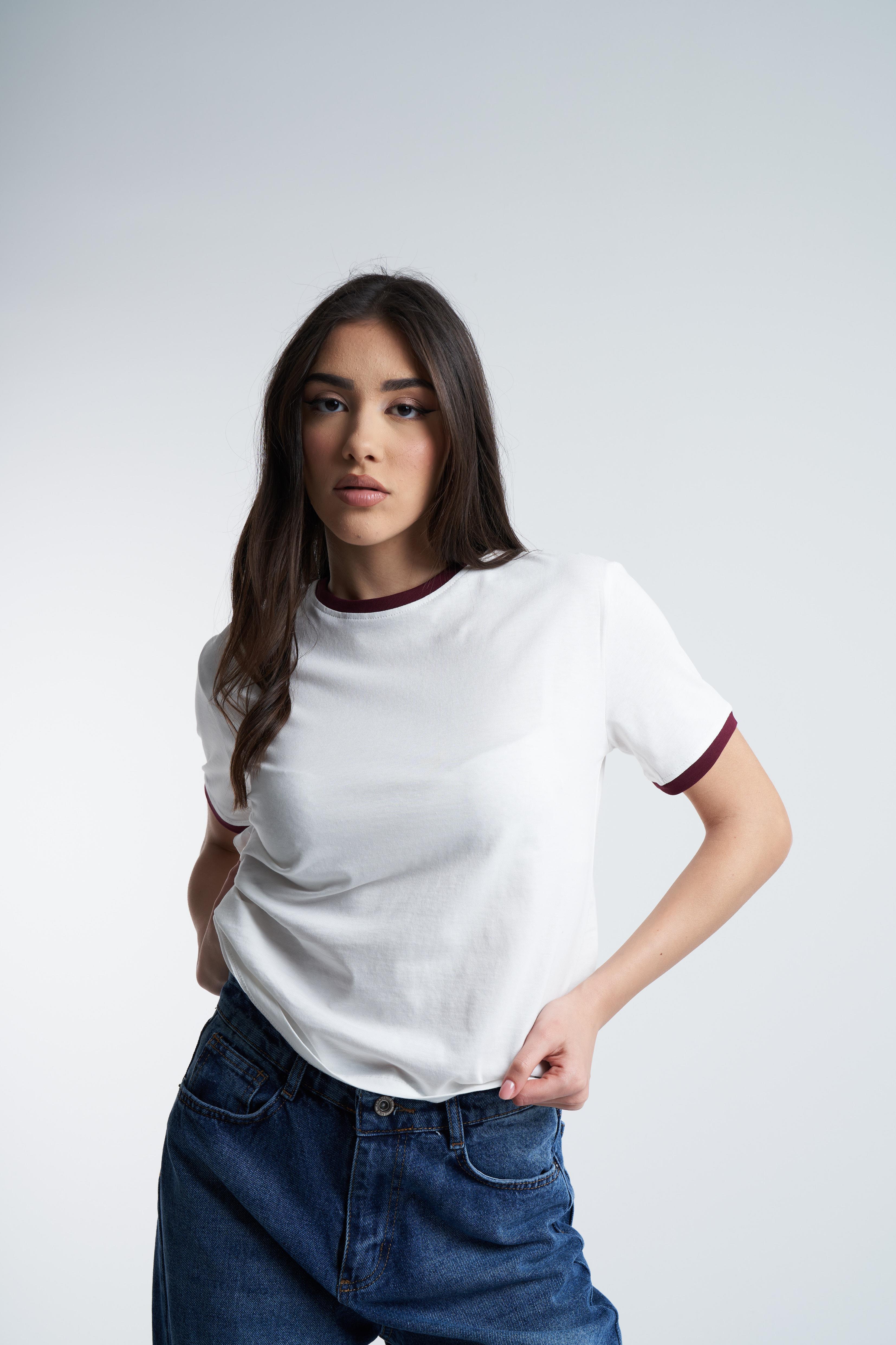 Bisiklet Yaka Kısa Kol T-Shirt Ekru