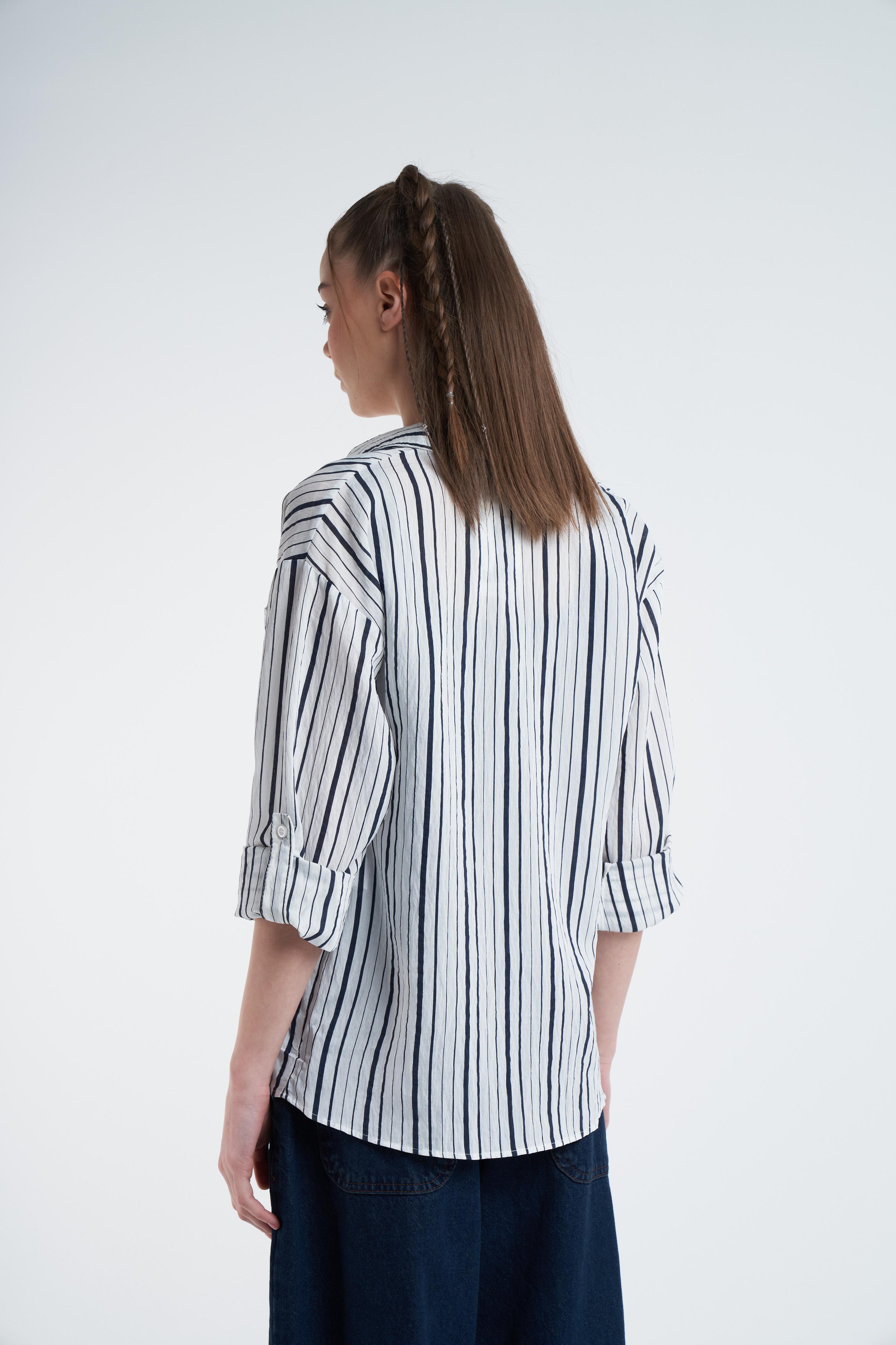 Çizgili Uzun Kol Gömlek Ekru-Laci