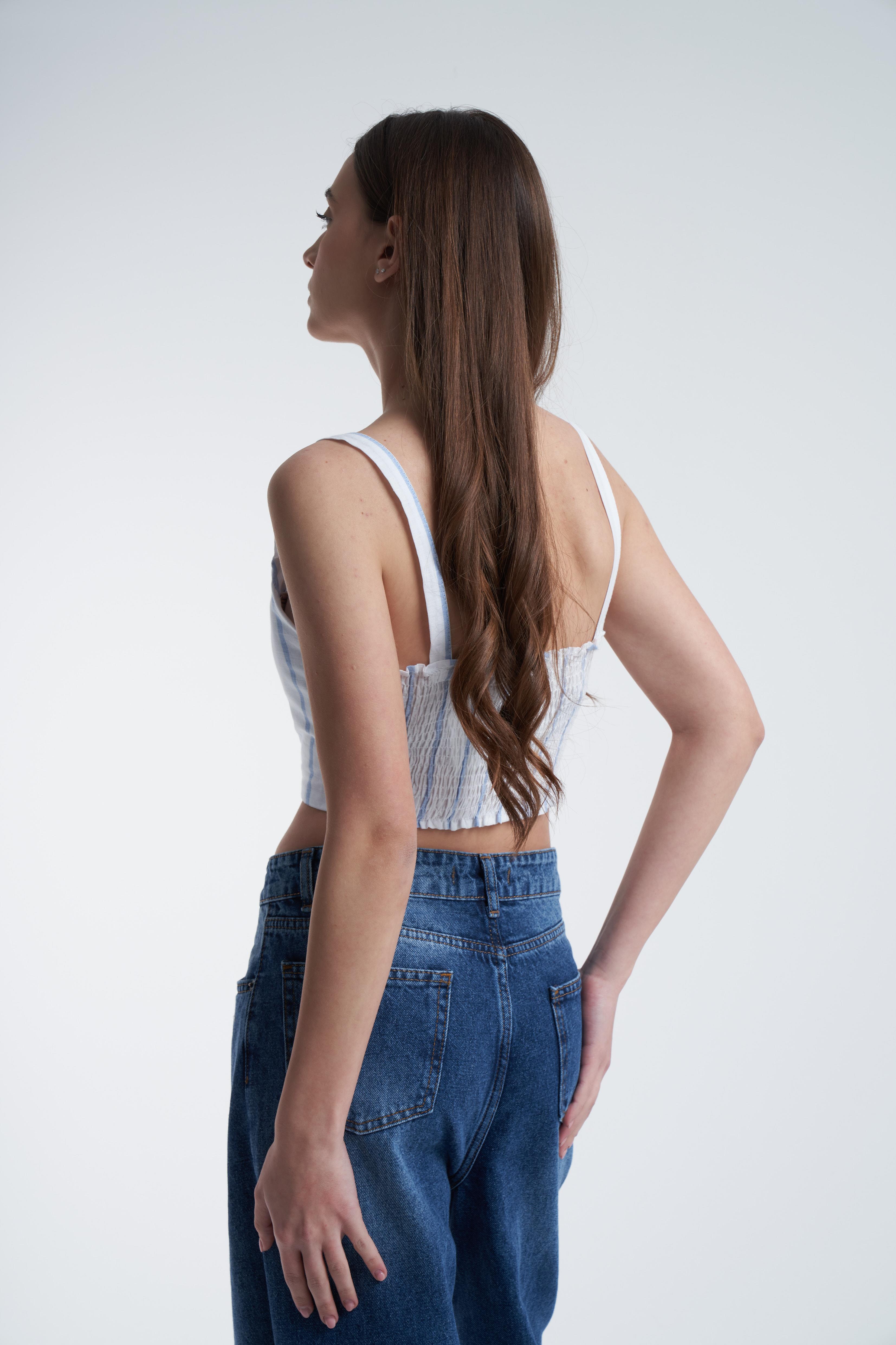 Askılı Crop Model Bluz Mavi-Beyaz
