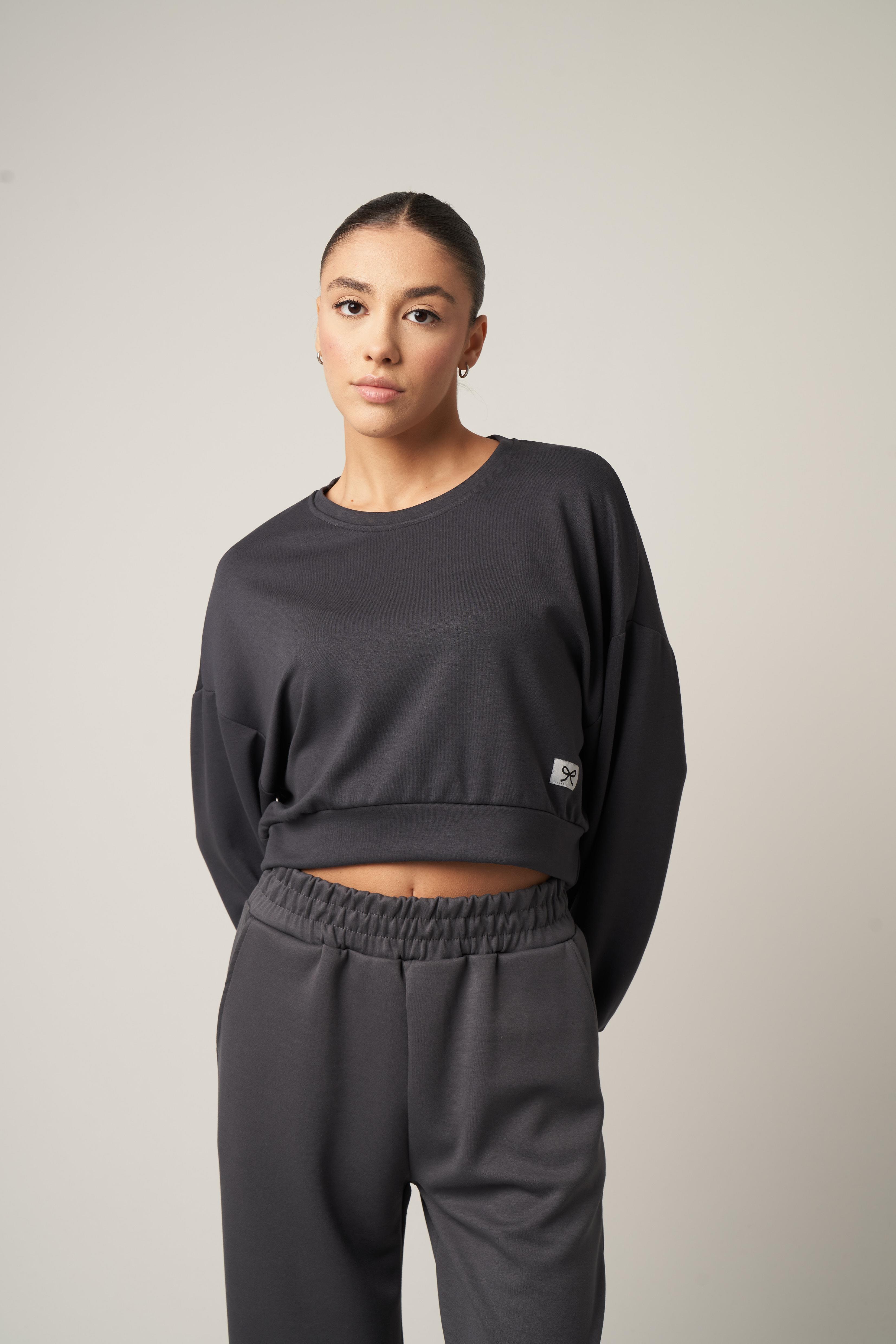 Etiket Detaylı Kısa Sweashirt Antrasit