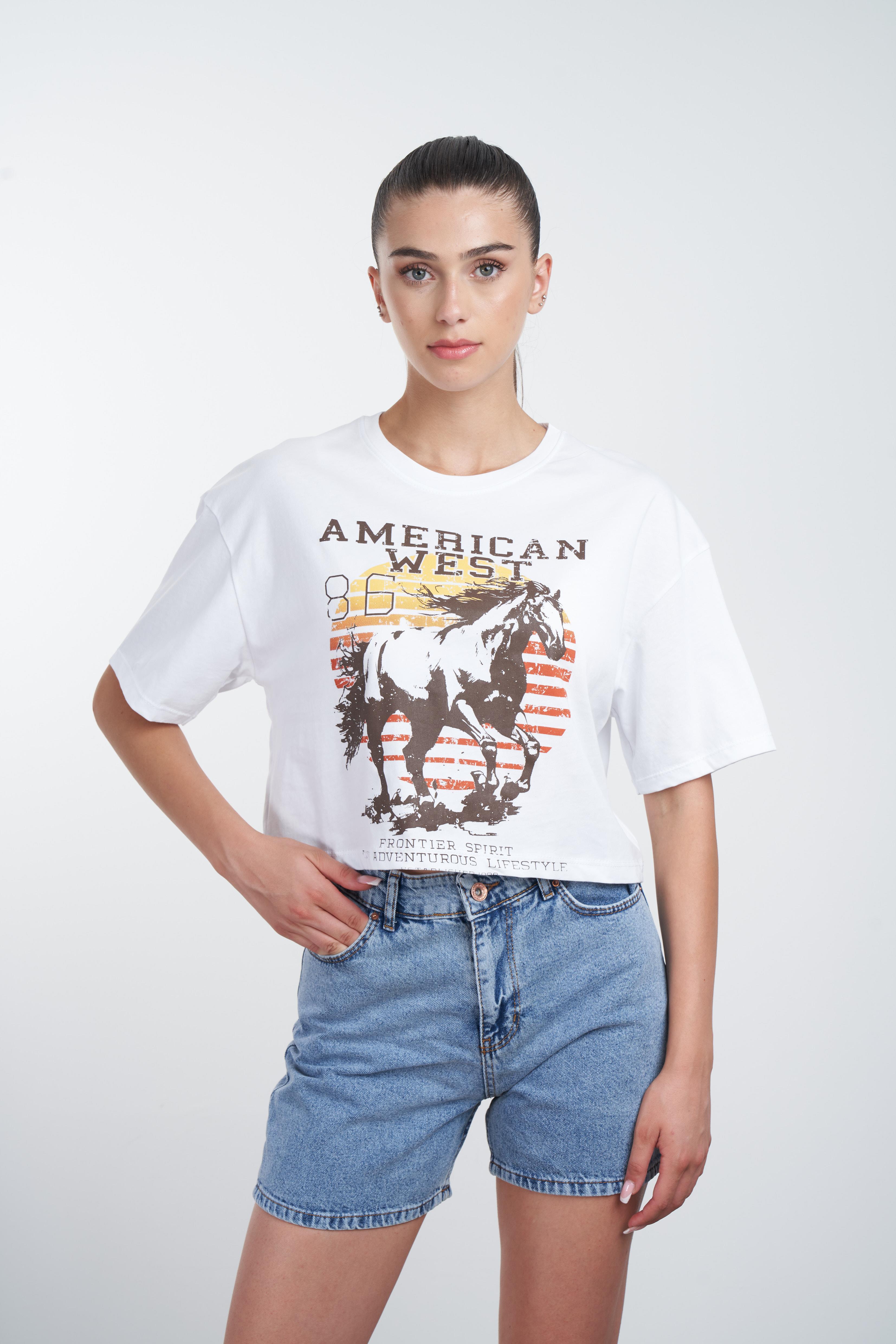 At Baskılı Kısa T-shirt Beyaz