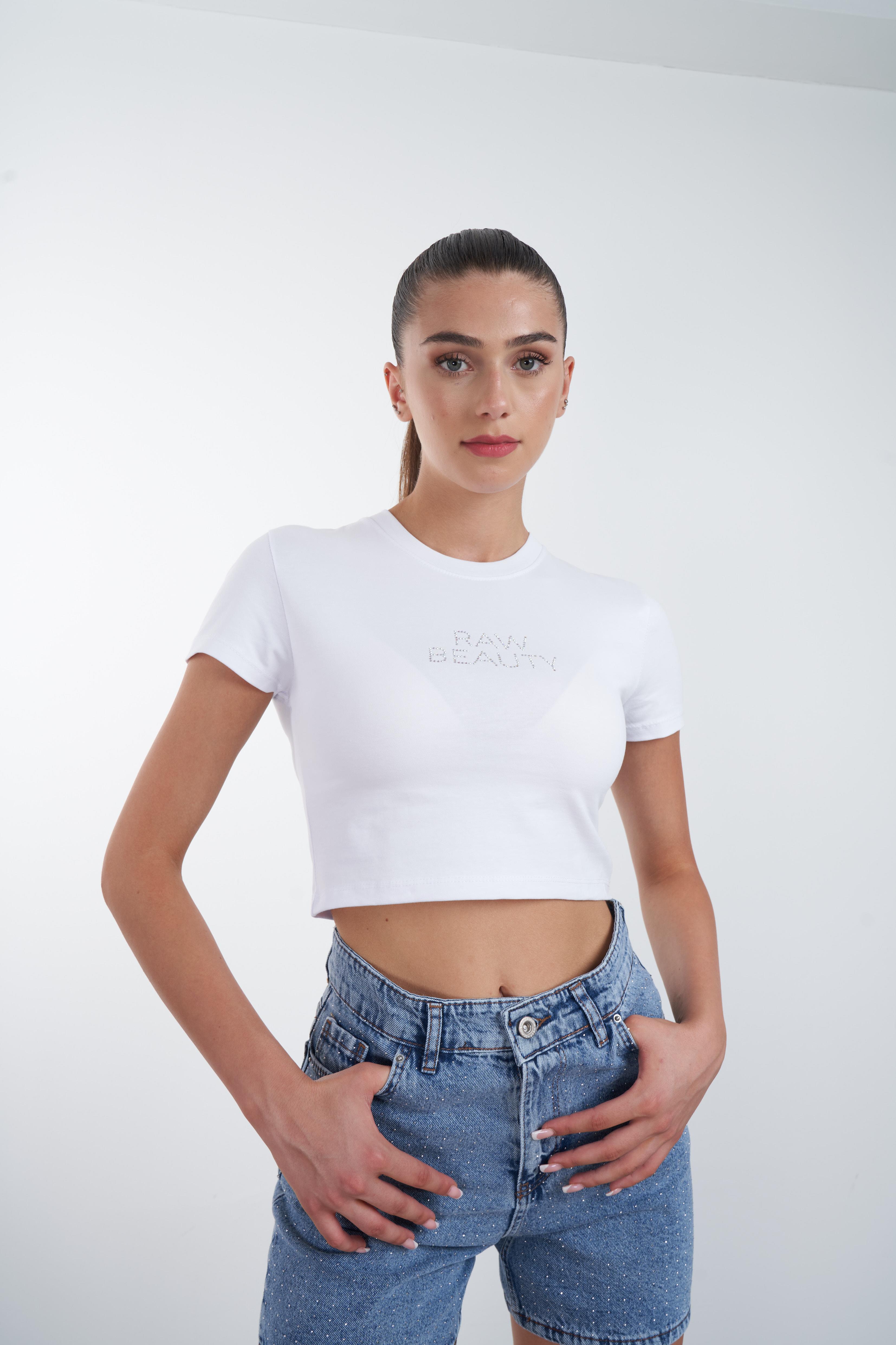 Raw Beauty Taş Baskılı Kısa T-shirt Beyaz