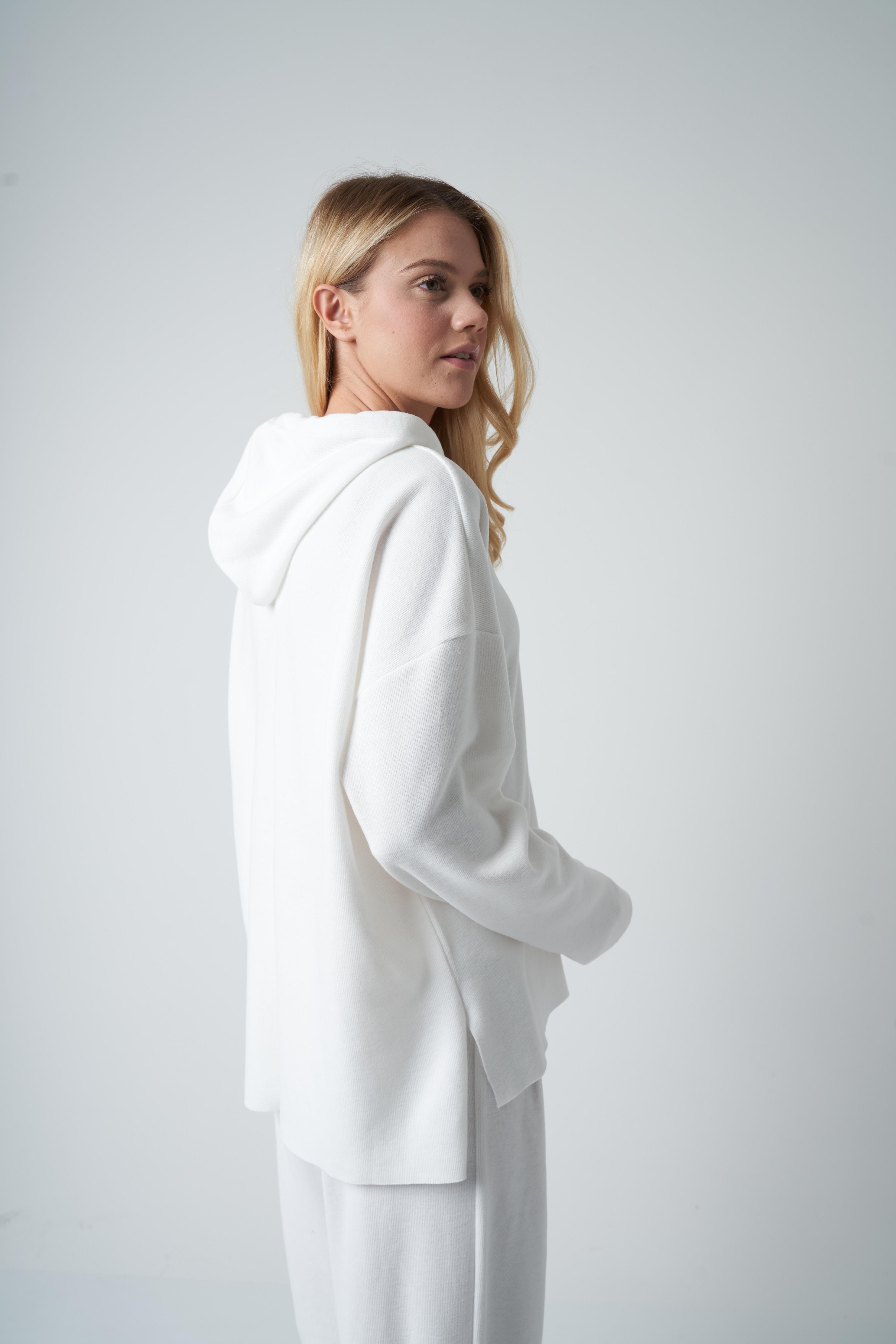 Kapüşonlu Triko Sweatshirt Ekru