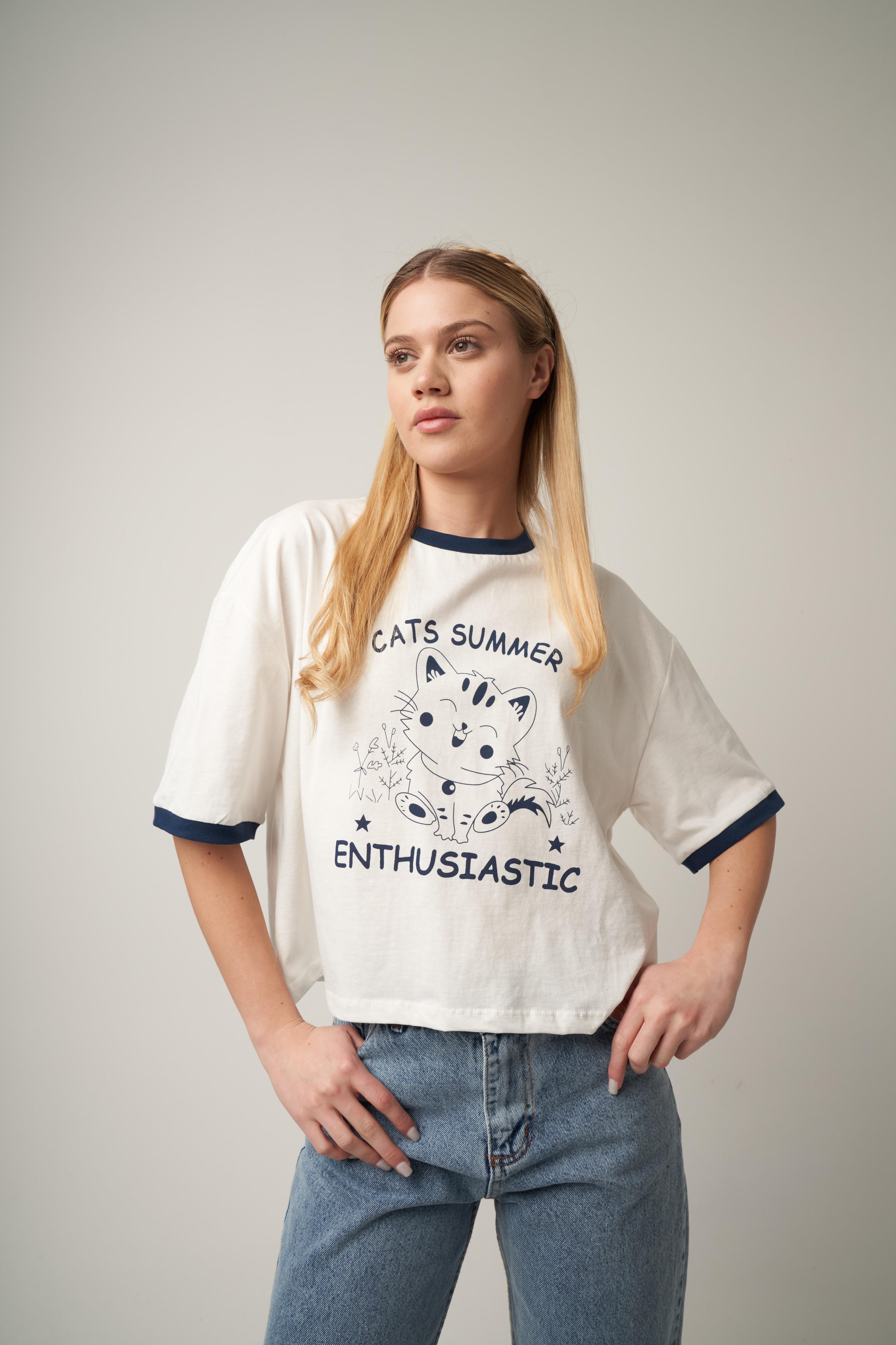 Cats Summer Baskılı T-shirt Ekru