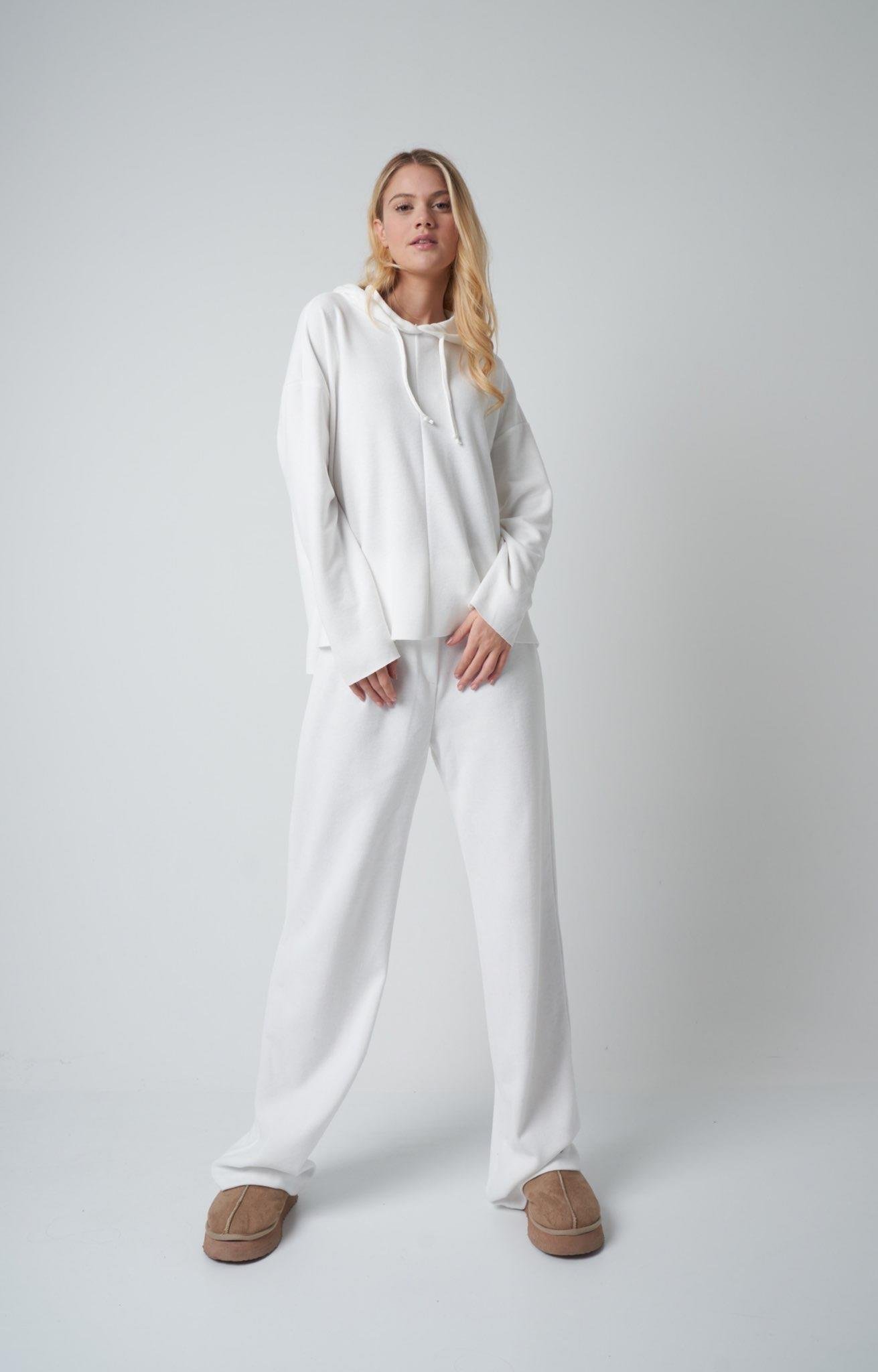 Kapüşonlu Triko Sweatshirt Ekru