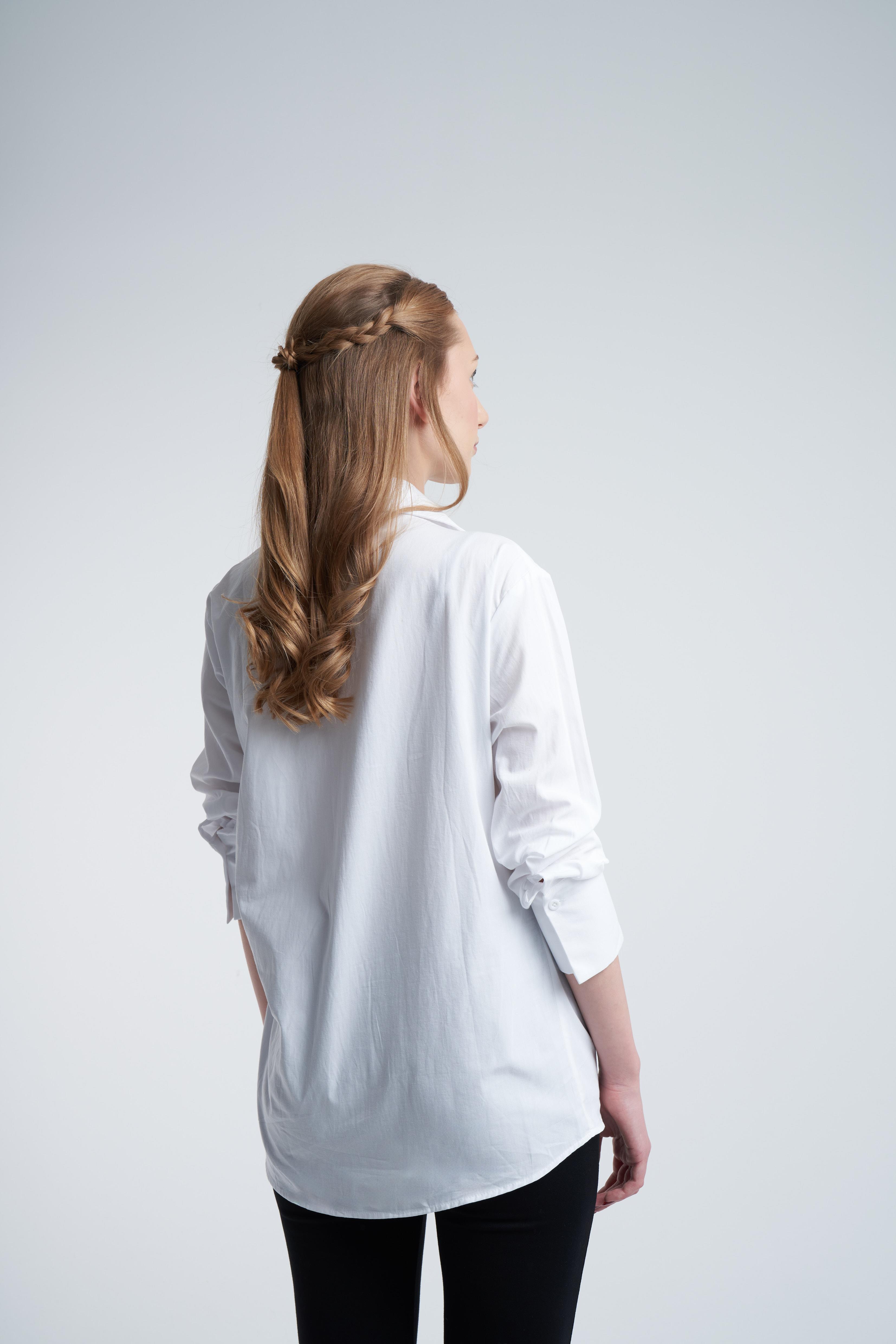 Yakalı Kemer Detaylı Uzun Kol Gömlek Beyaz