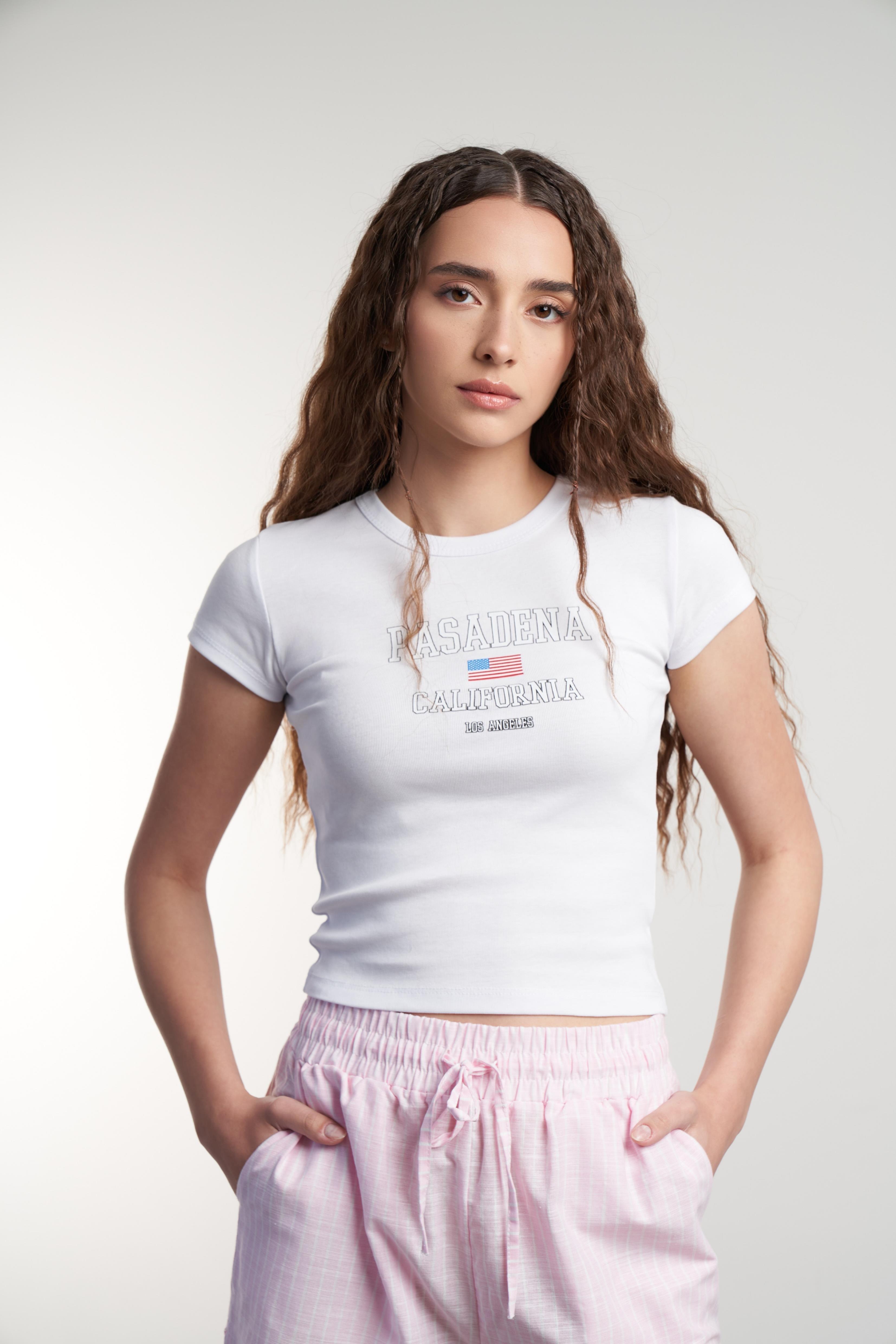 Pasadena Baskılı Kısa Kol Bluz Beyaz