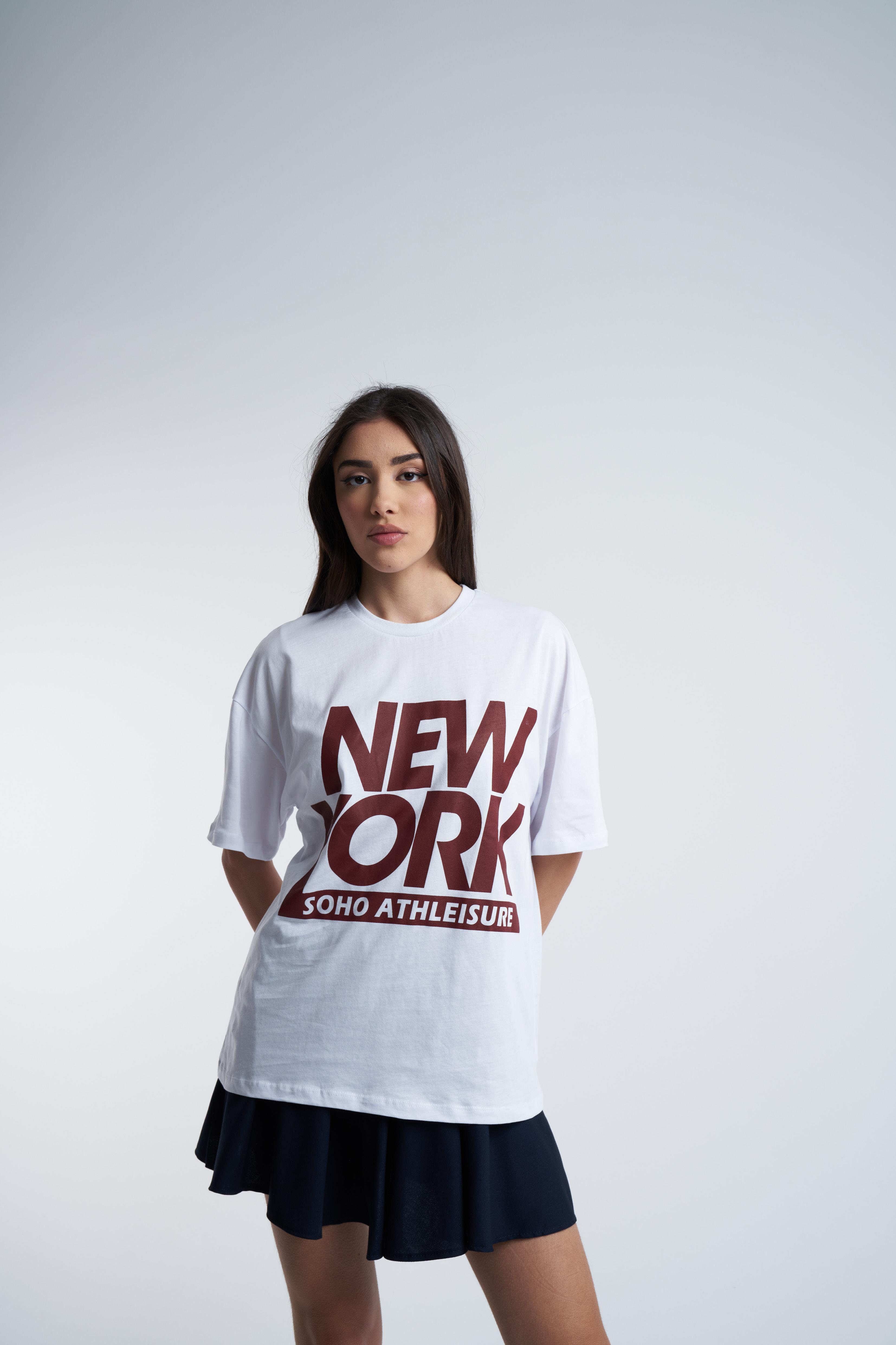 New York Baskılı Oversize T-shirt Beyaz