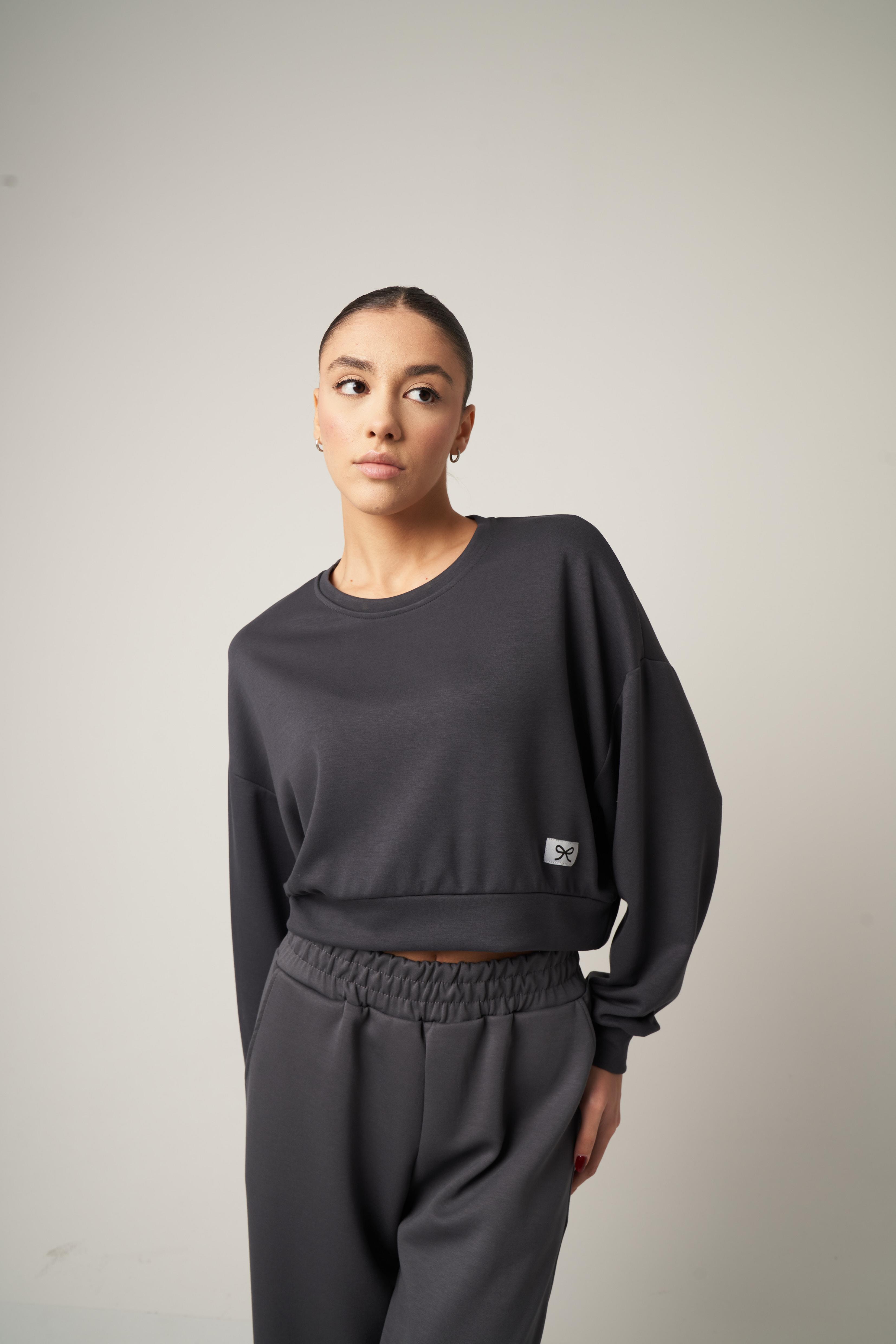 Etiket Detaylı Kısa Sweashirt Antrasit