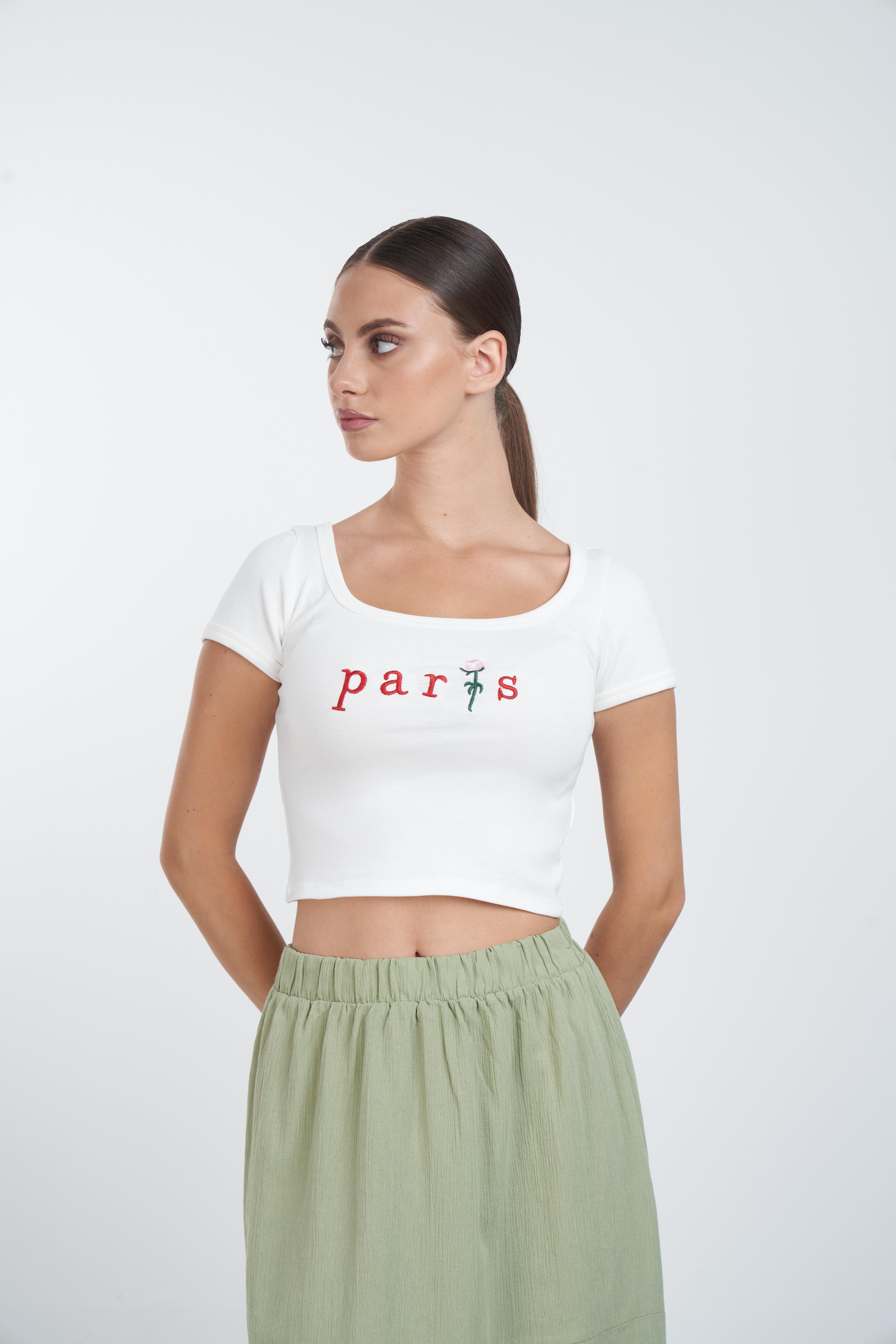 Paris Nakış Baskılı Kısa T-shirt Ekru