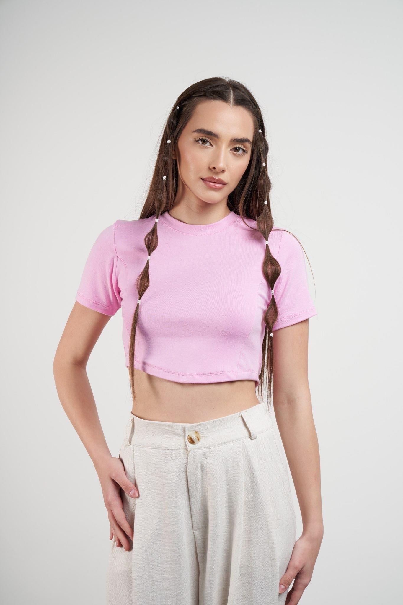 Basic Kısa Kol Crop Bluz Toz Pembe