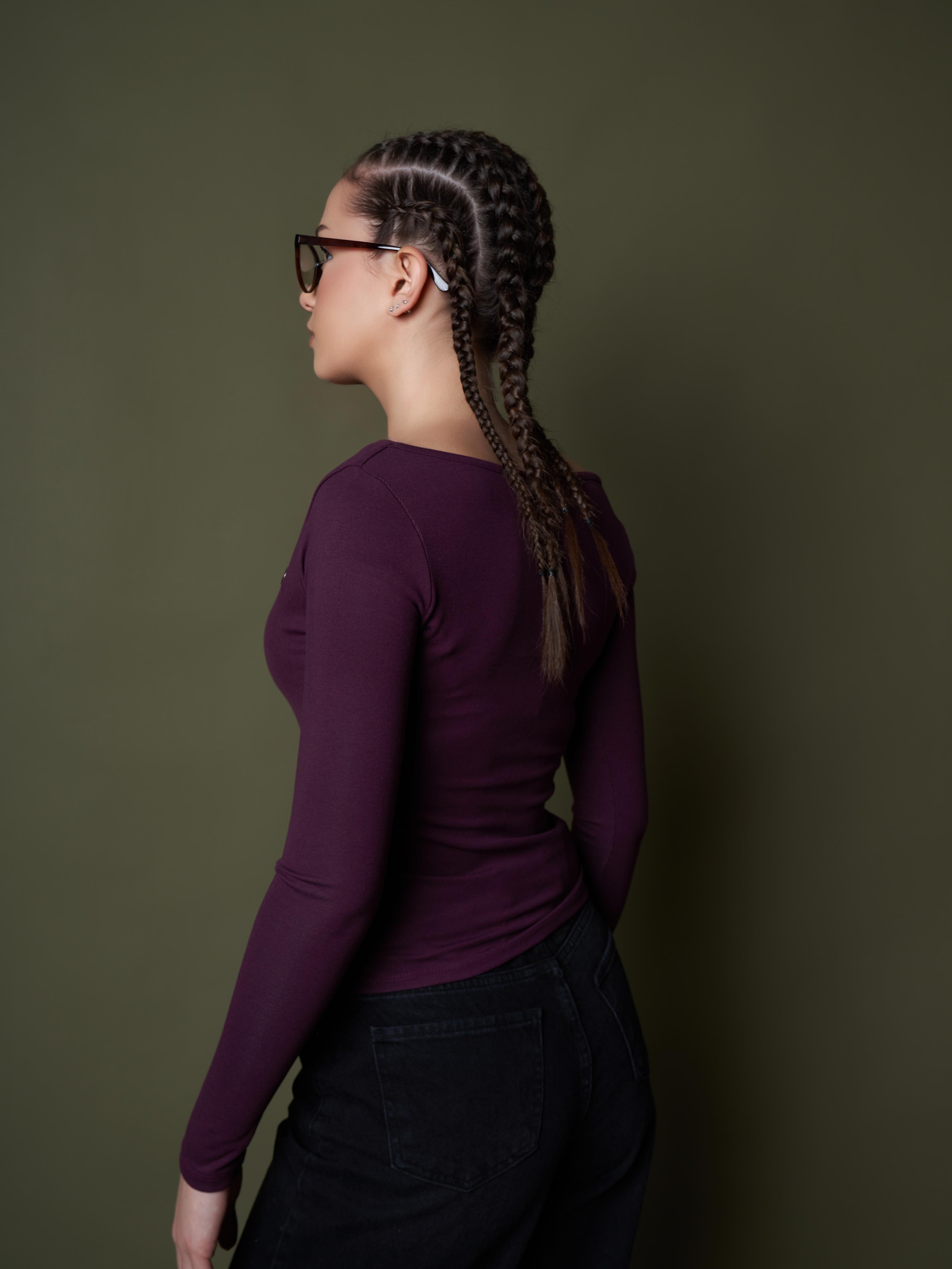 Aksesuar Detaylı Uzun Kol Bluz Mürdüm