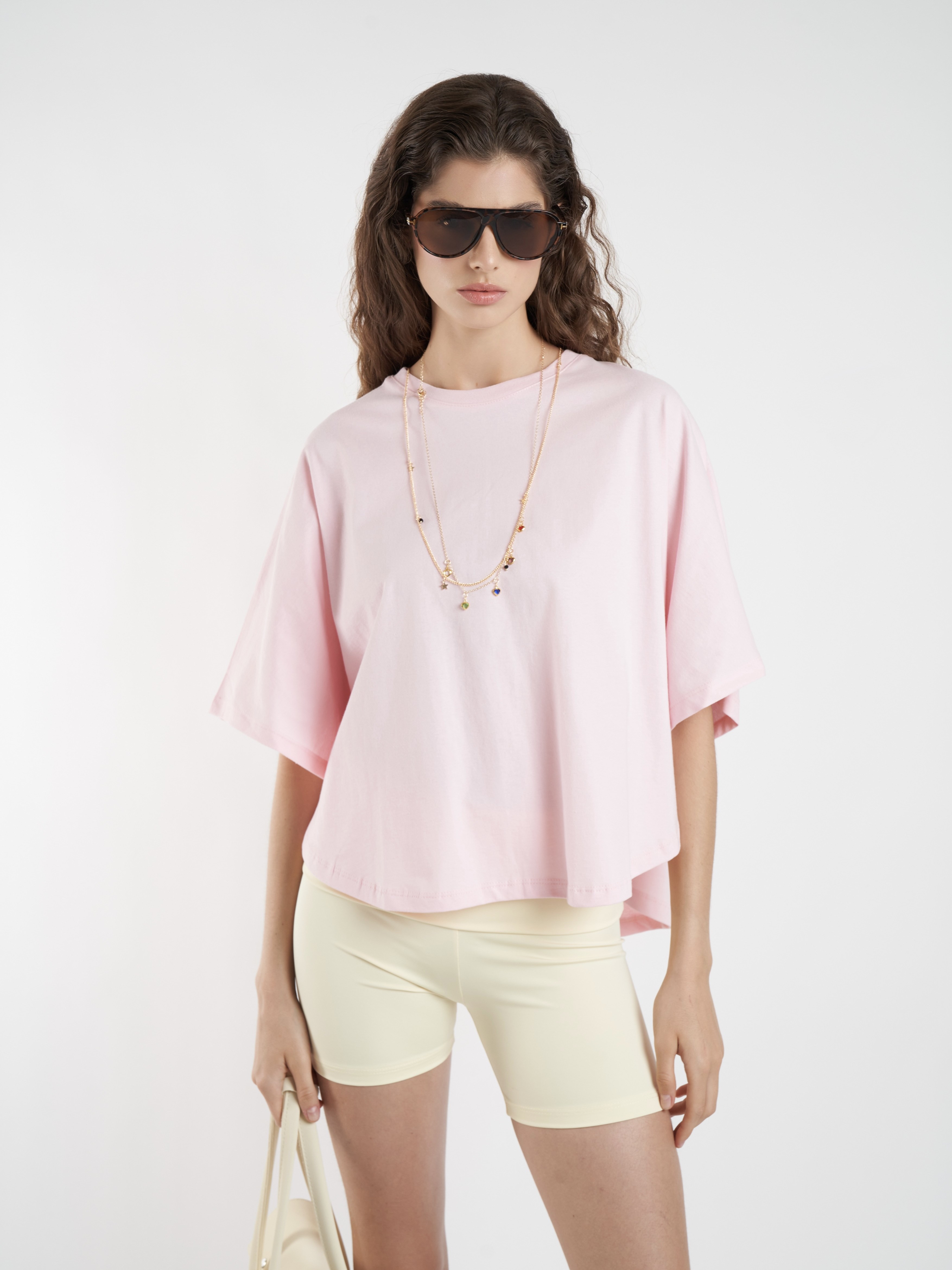 Basic Geniş Kol T-shirt Toz Pembe