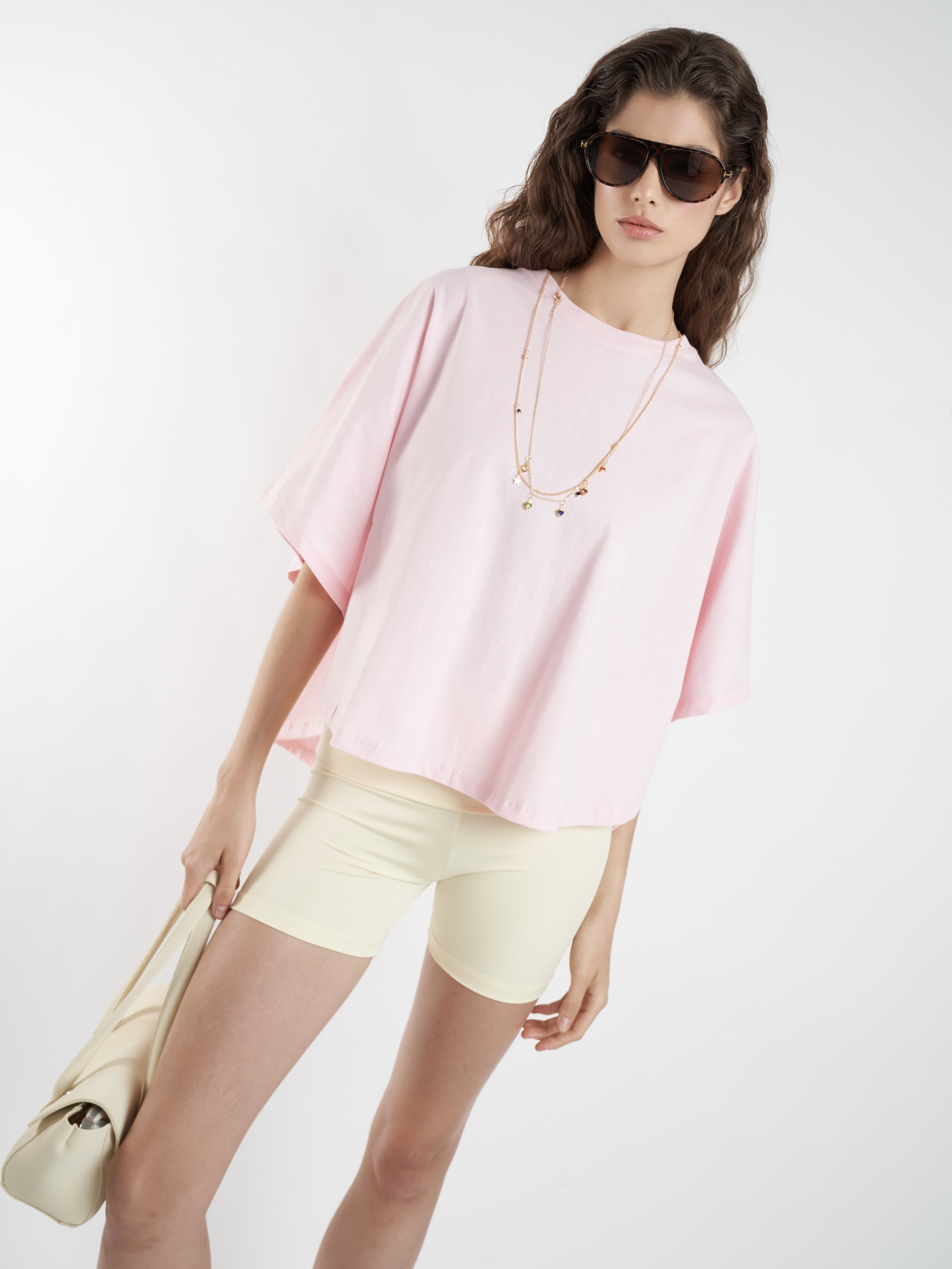 Basic Geniş Kol T-shirt Toz Pembe