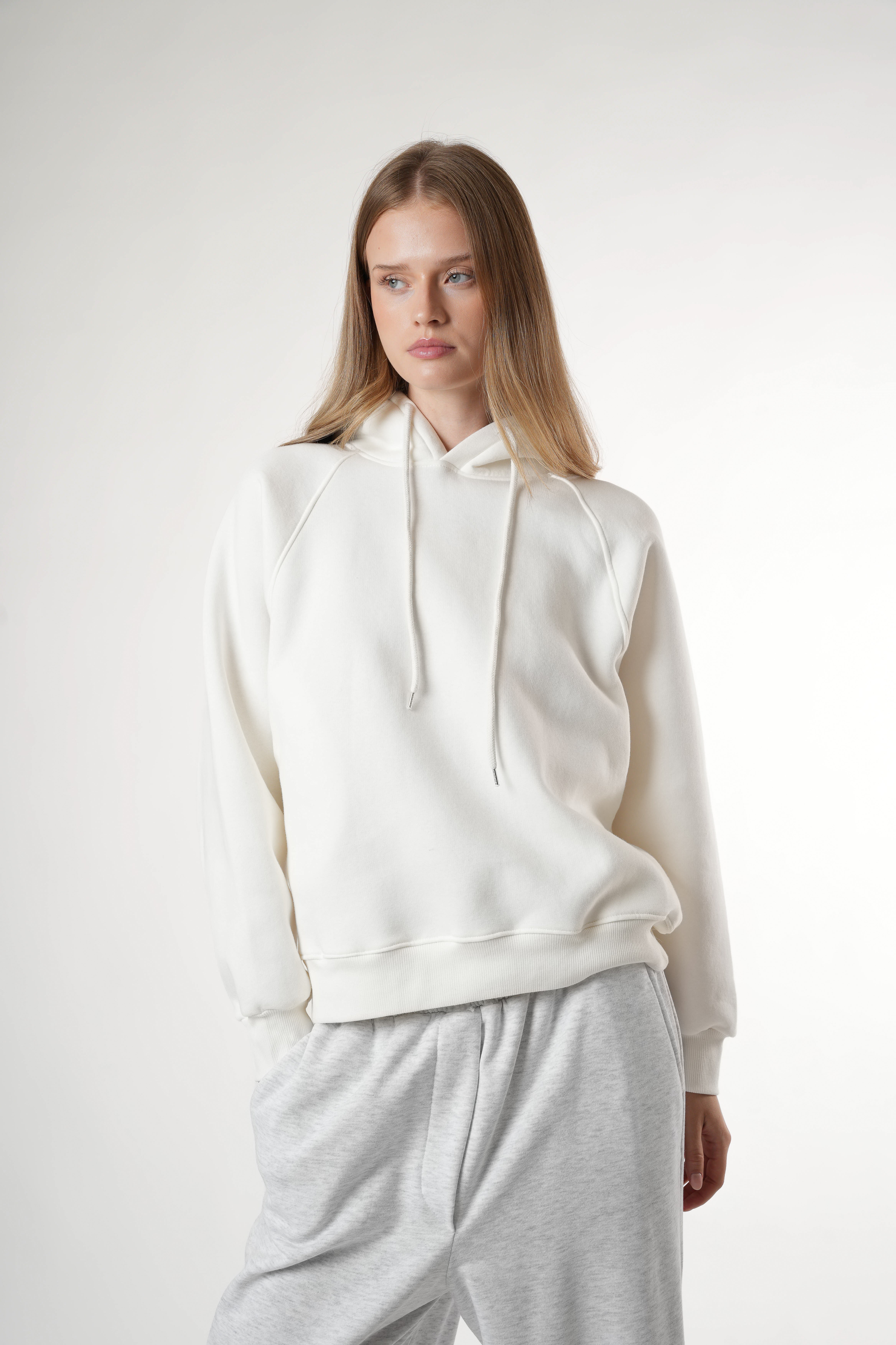 Basic Kapüşonlu Sweatshirt Ekru