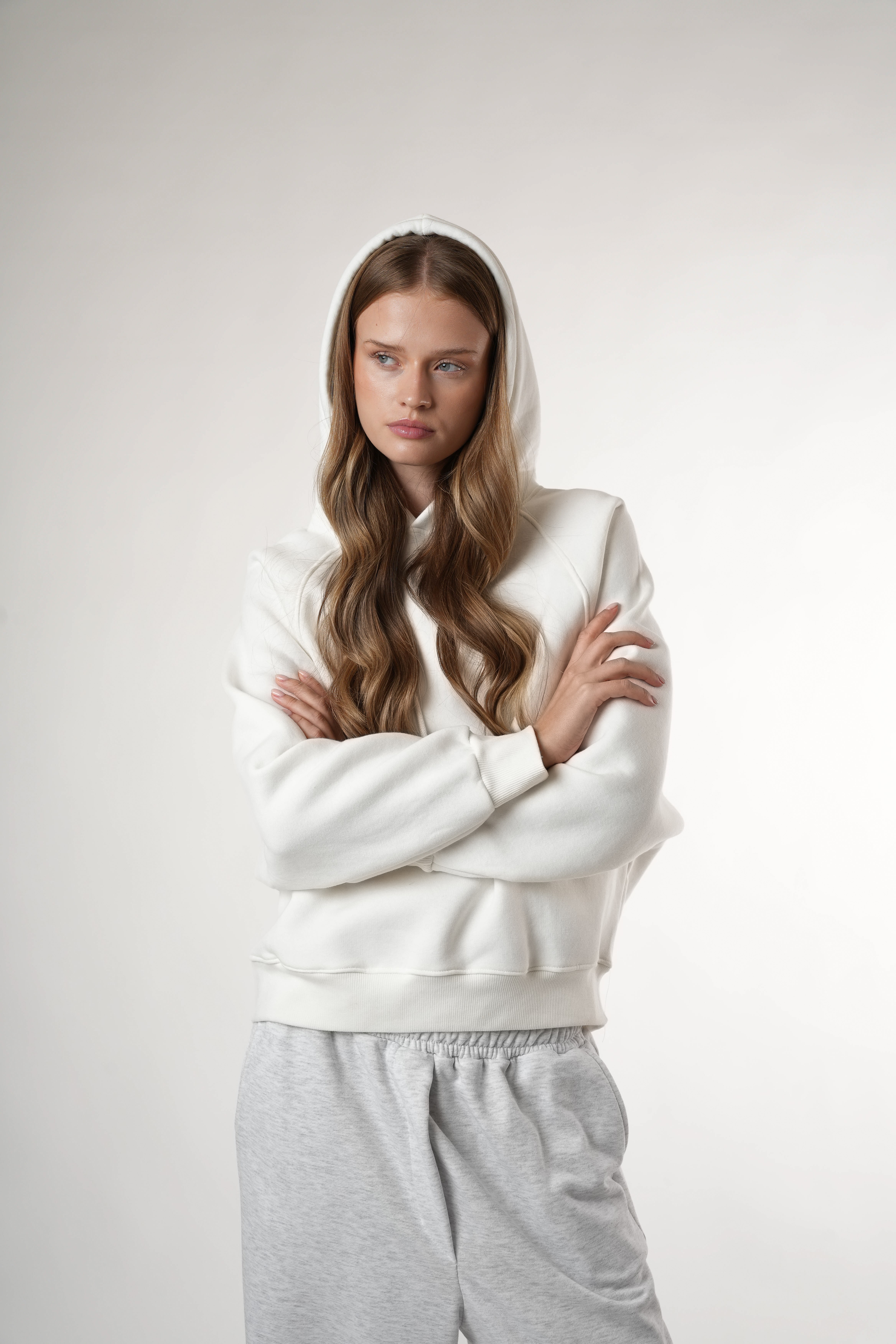 Basic Kapüşonlu Sweatshirt Ekru