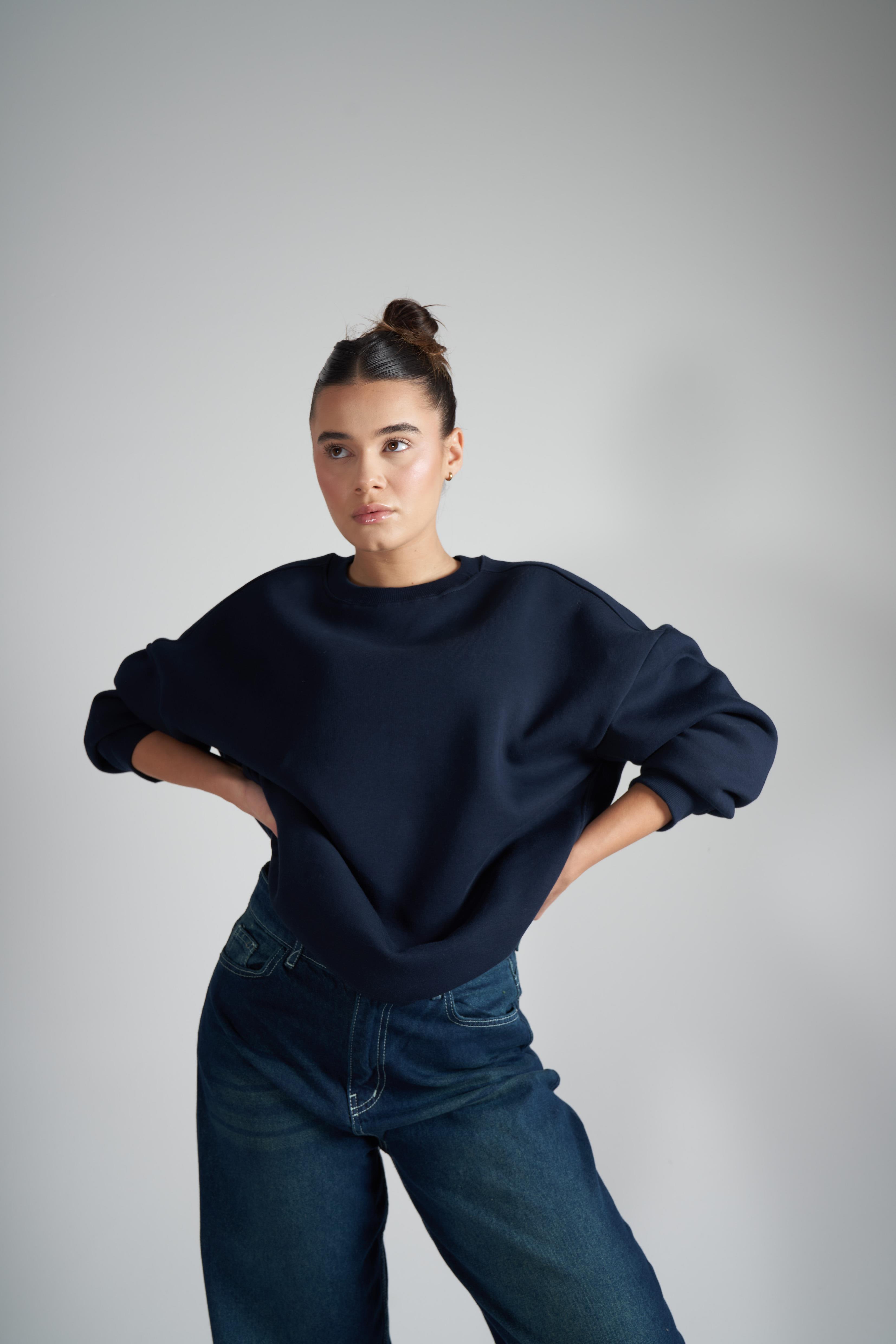 Basic Şardonlu Oversize Sweatshirt Lacivert