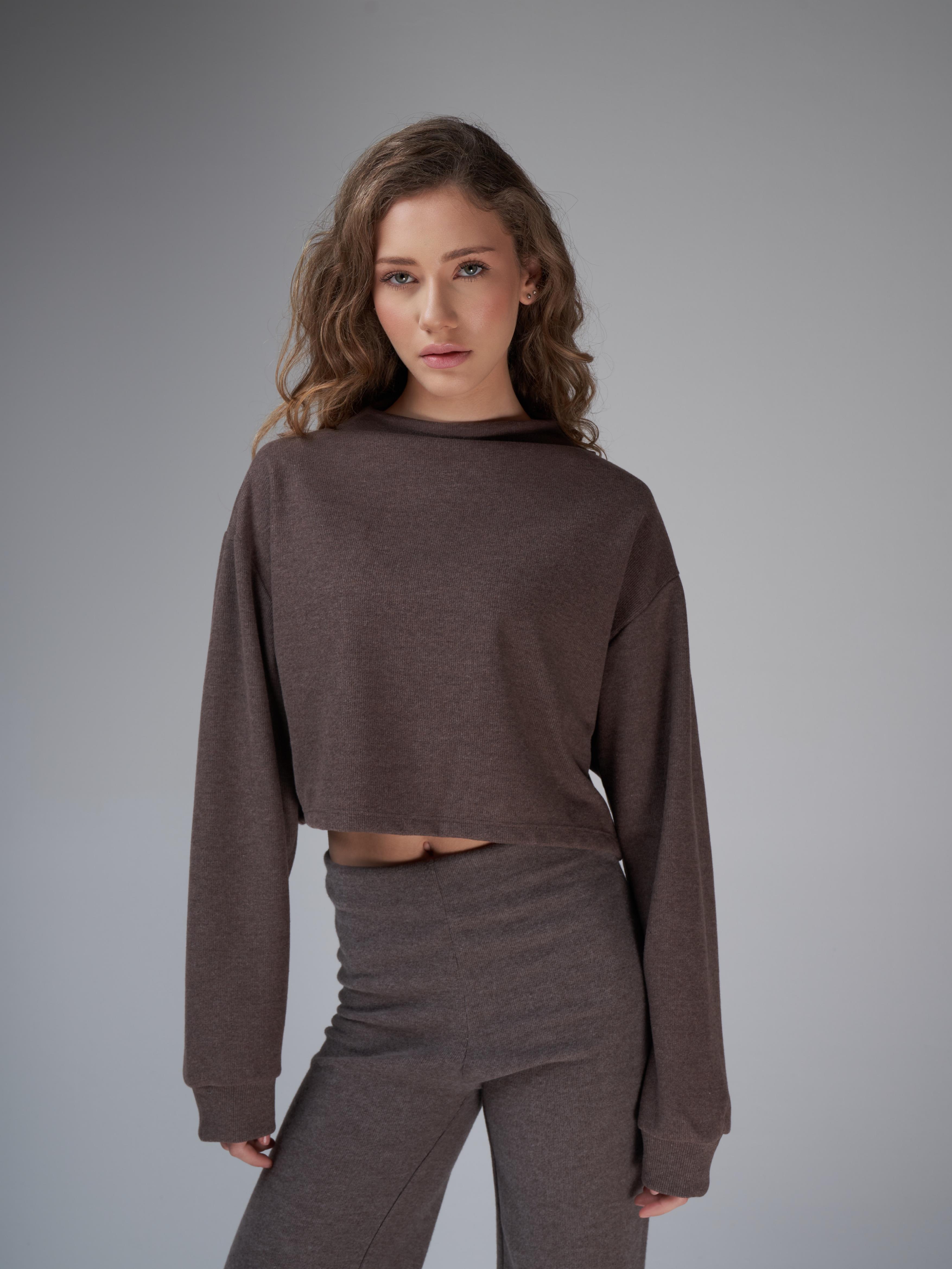 Basic Triko Sweatshirt Kahve Melanj