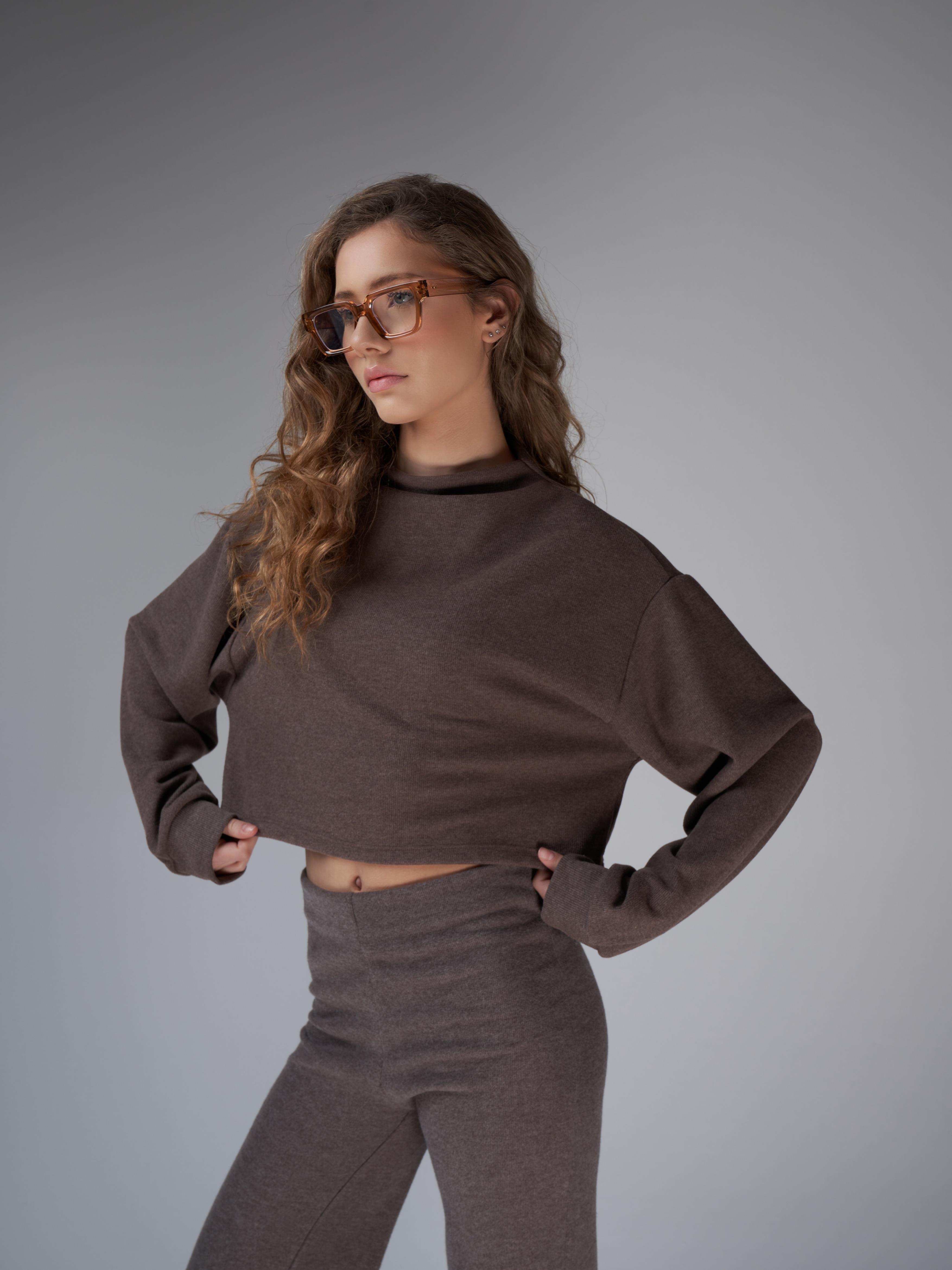 Basic Triko Sweatshirt Kahve Melanj