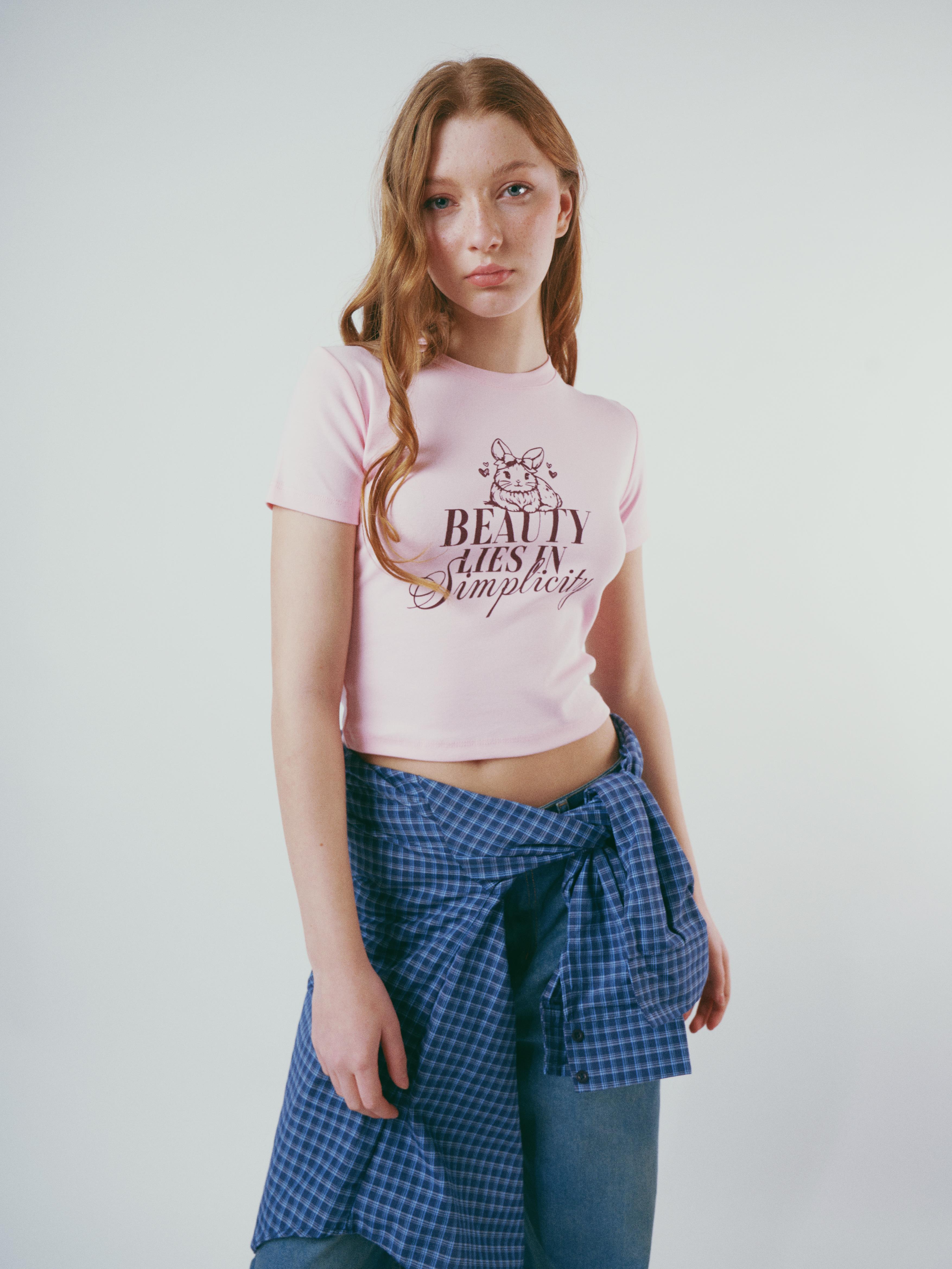 Baskılı Kısa Kol Bluz Toz Pembe