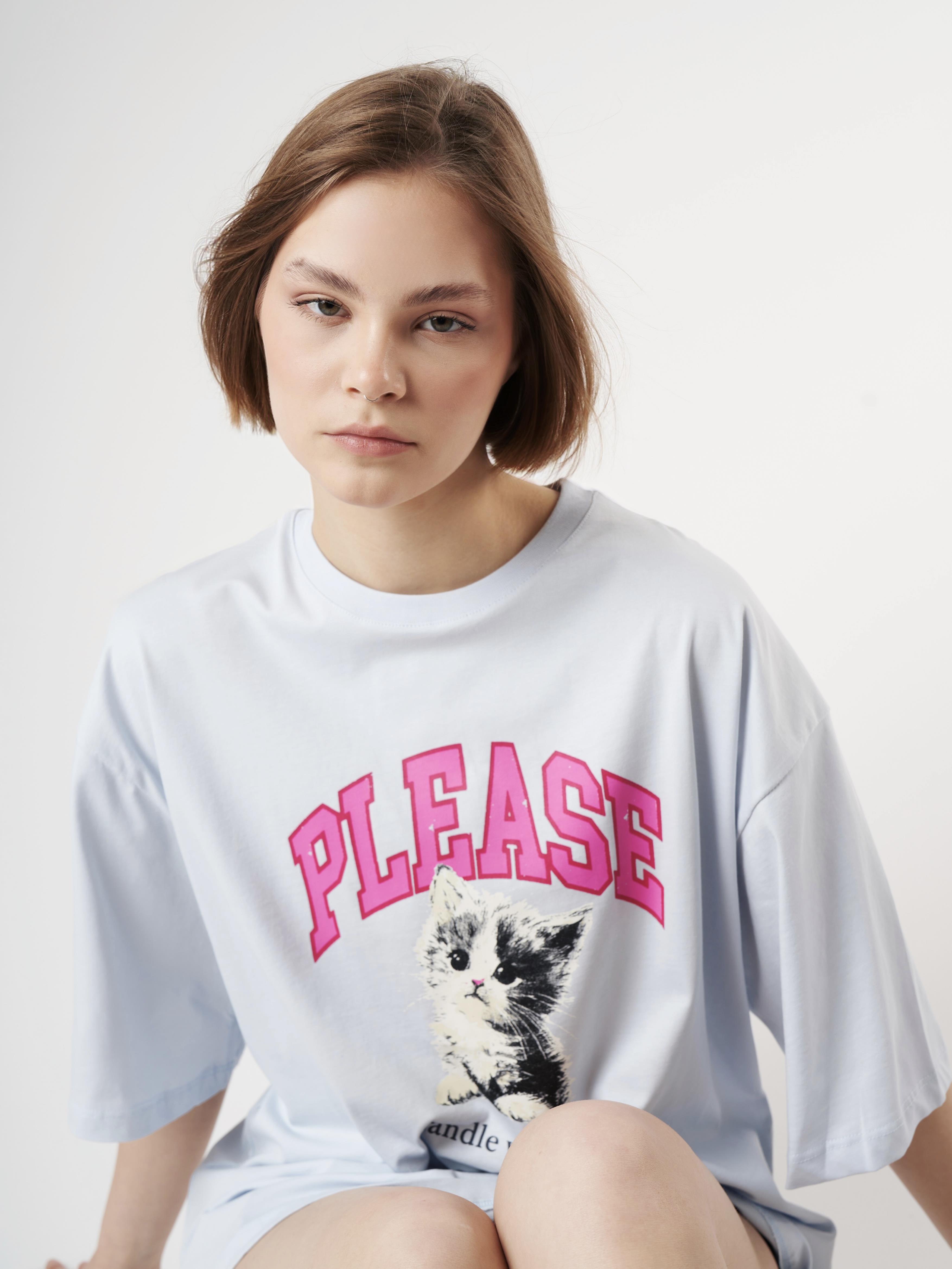 Baskılı Kısa Kol Oversize T-shirt Bebe Mavi