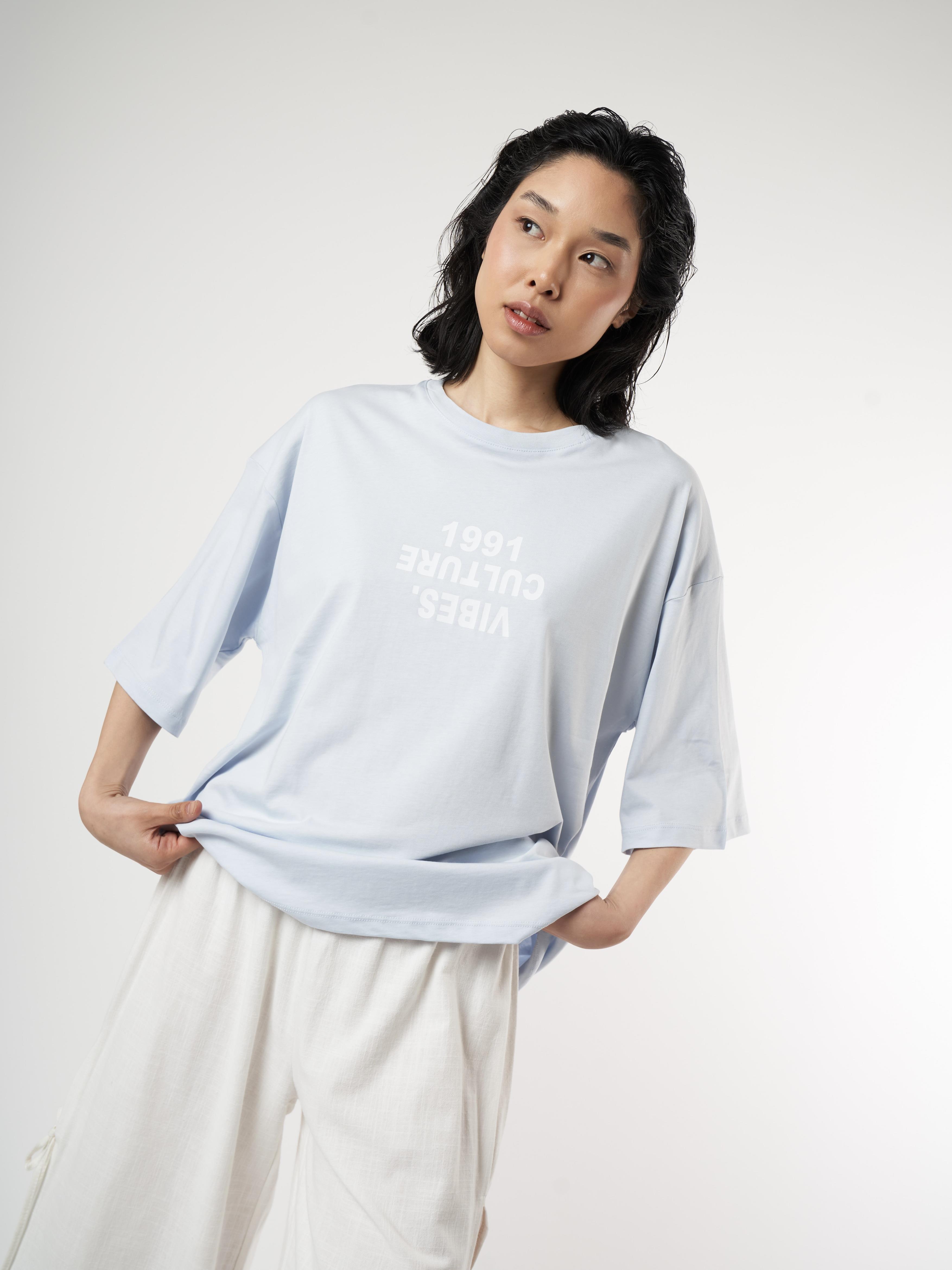 Baskılı Kısa Kol Oversize T-shirt Bebe Mavi