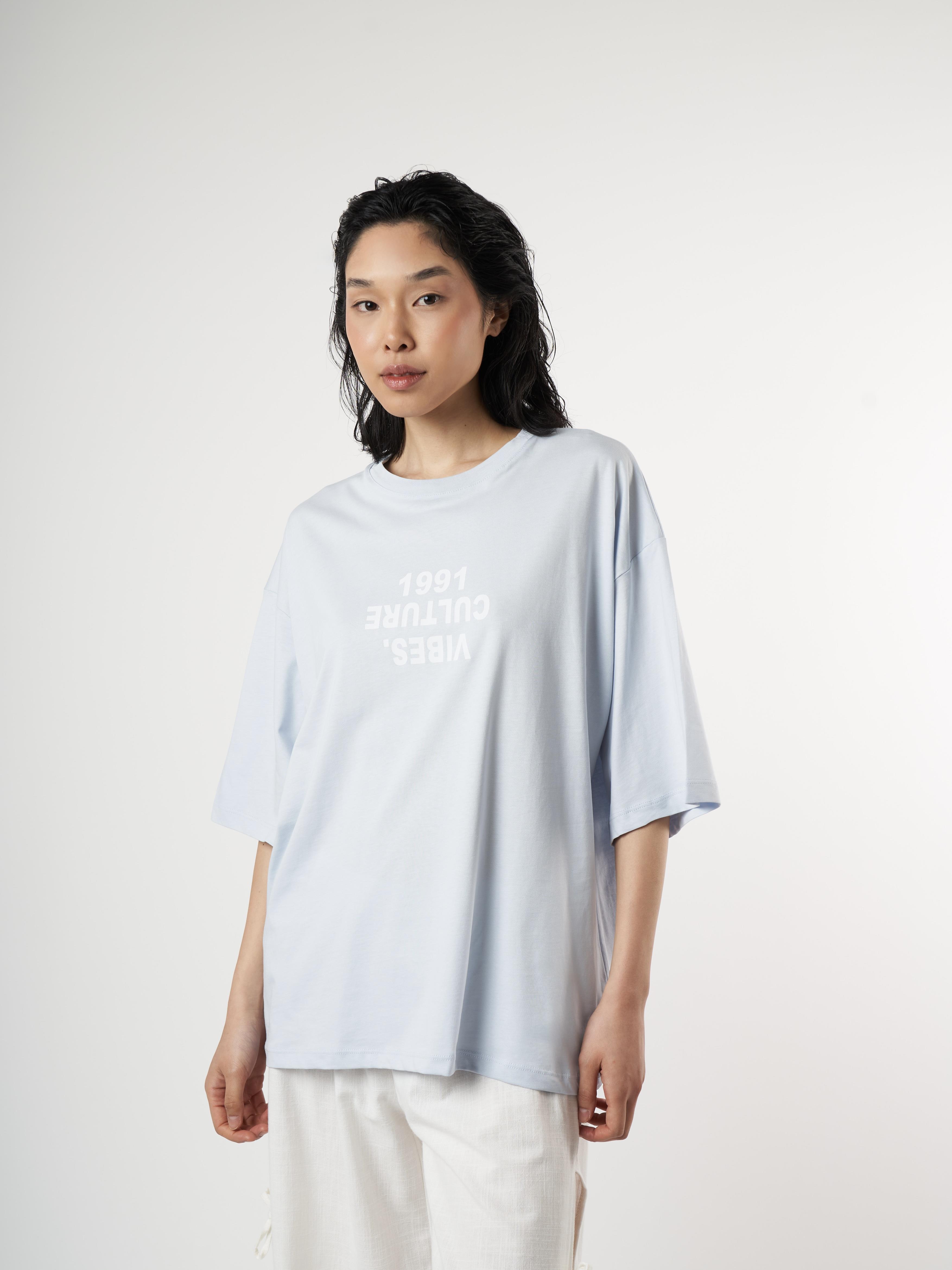 Baskılı Kısa Kol Oversize T-shirt Bebe Mavi