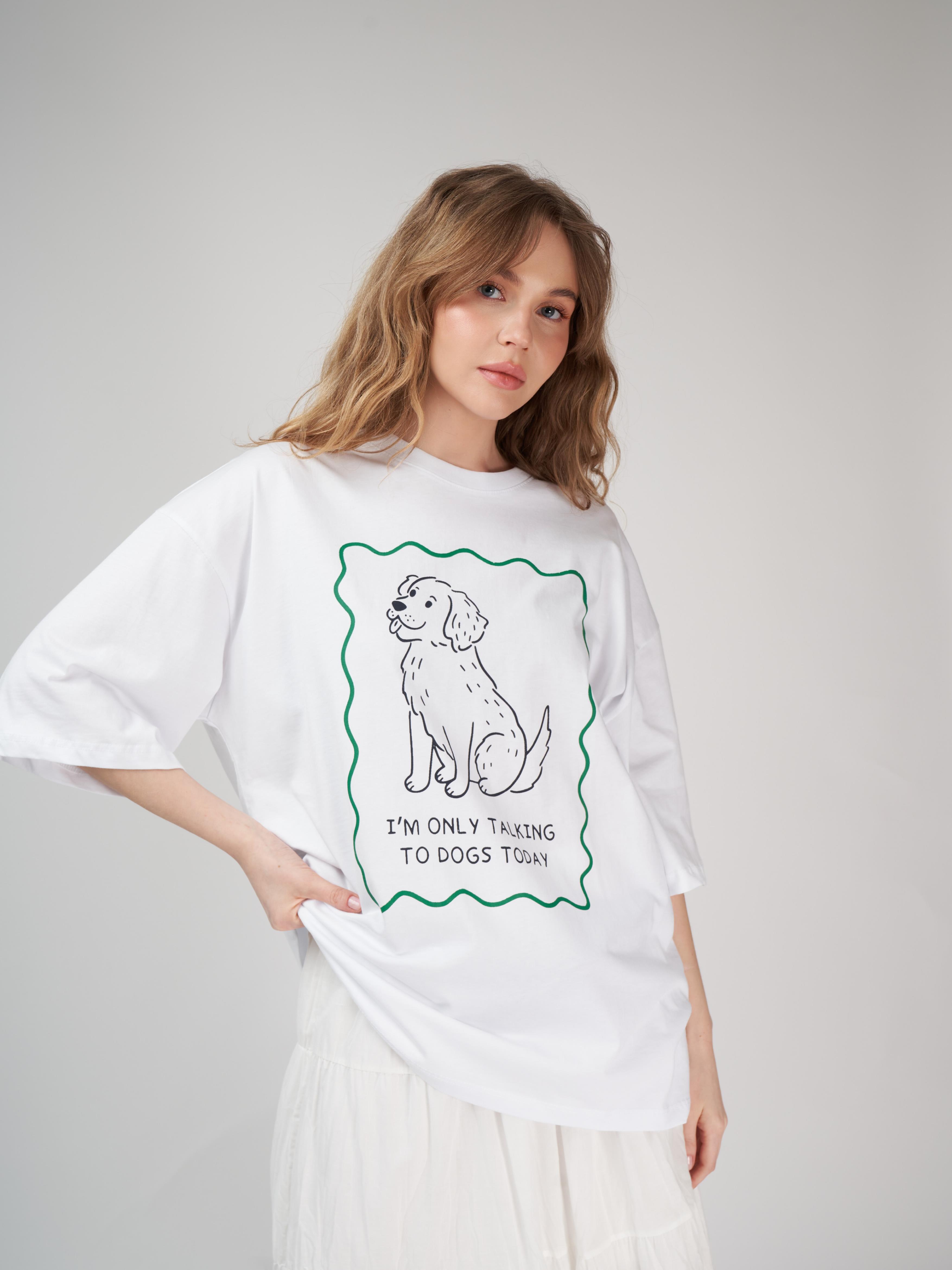 Baskılı Kısa Kol Oversize T-shirt Beyaz