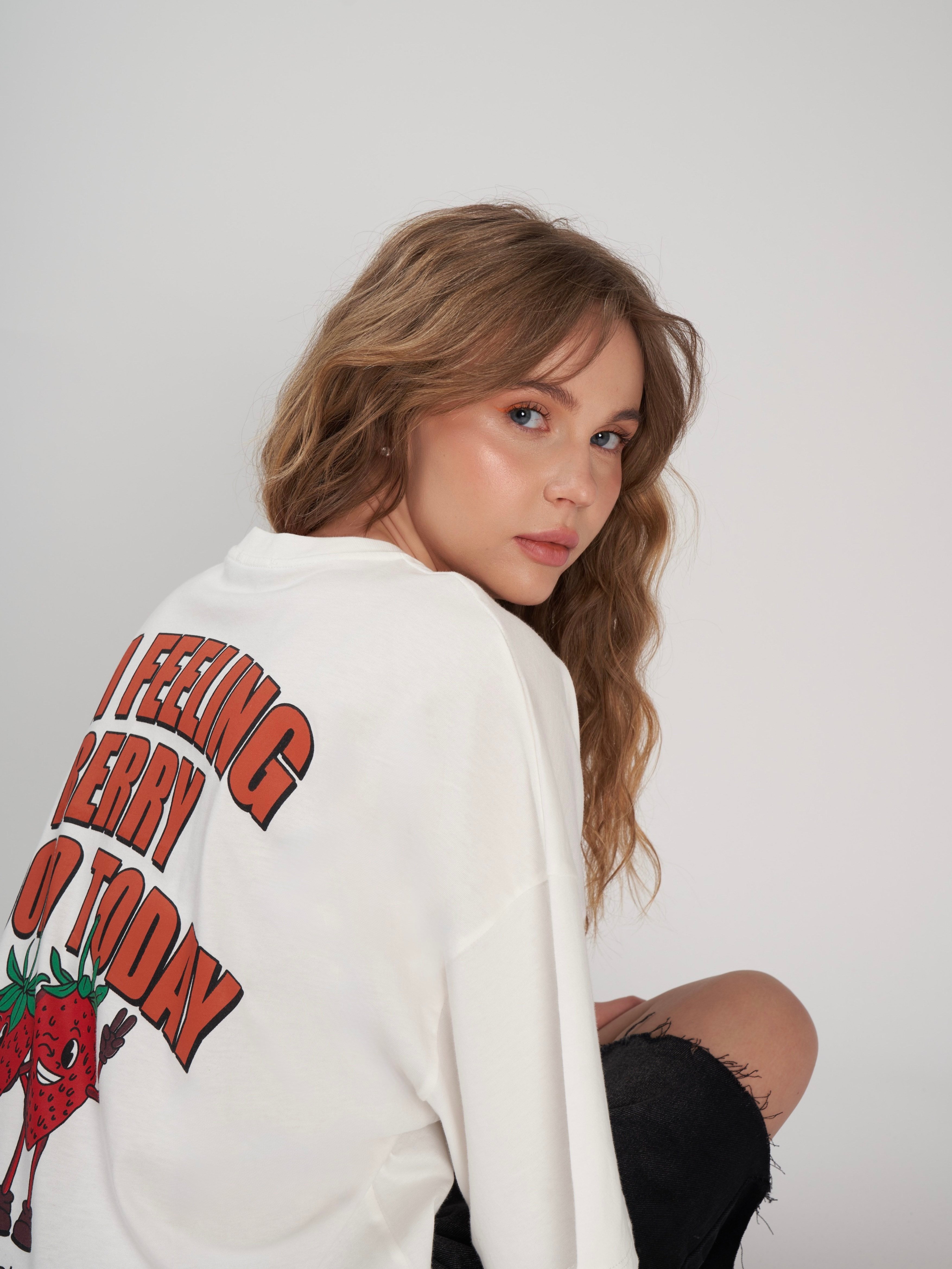 Baskılı Kısa Kol Oversize T-shirt Ekru