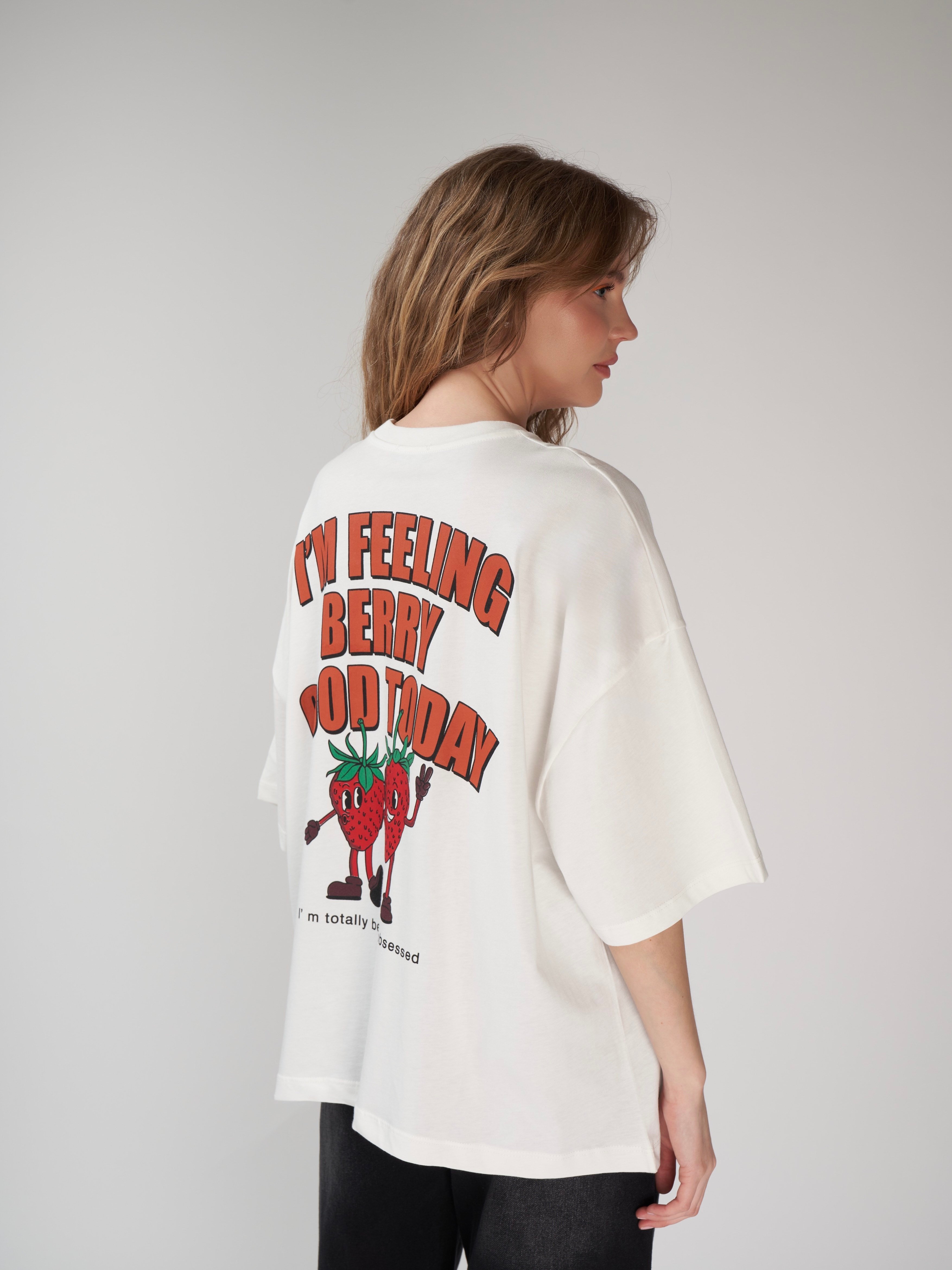 Baskılı Kısa Kol Oversize T-shirt Ekru