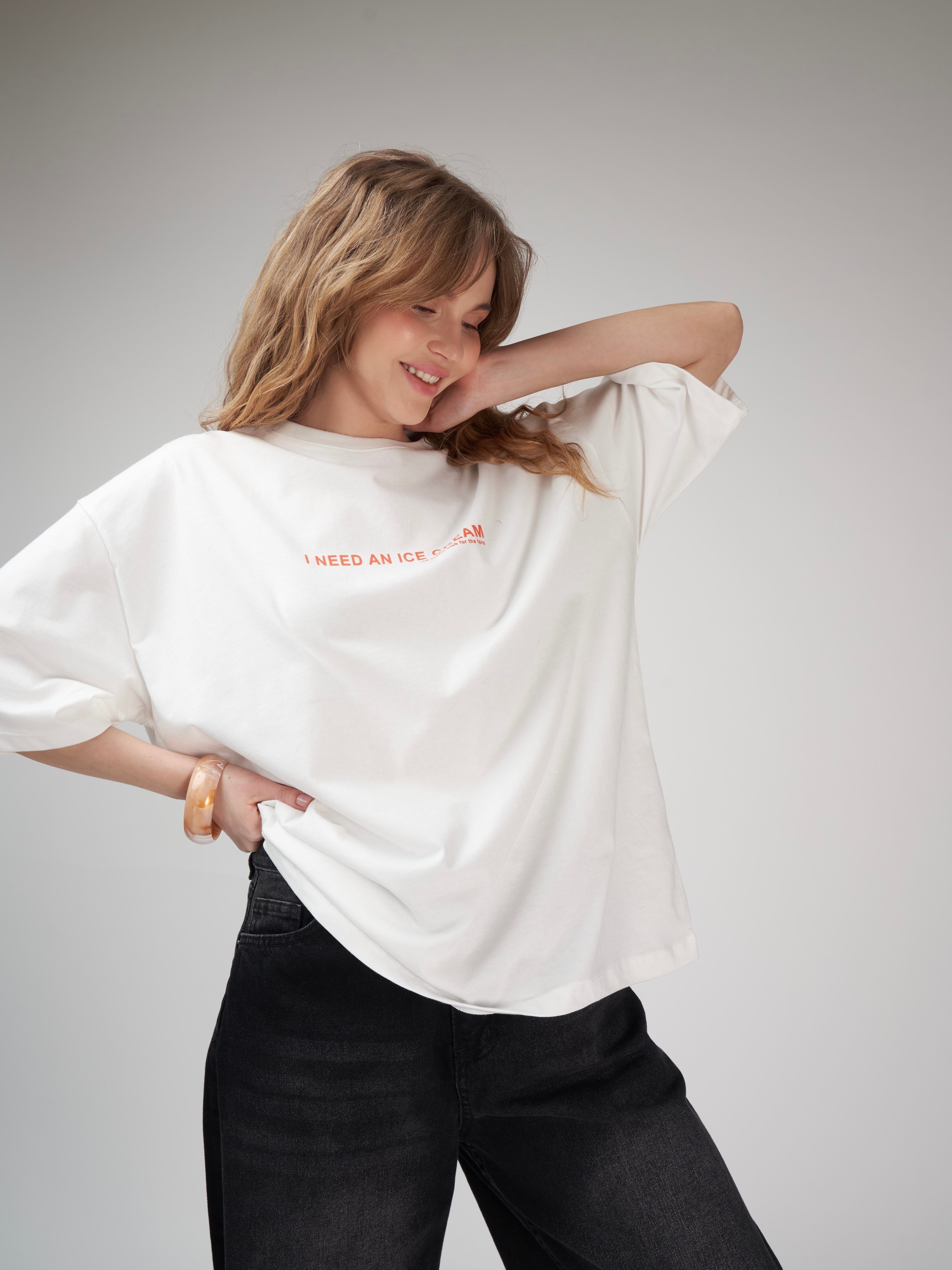 Baskılı Kısa Kol Oversize T-shirt Ekru