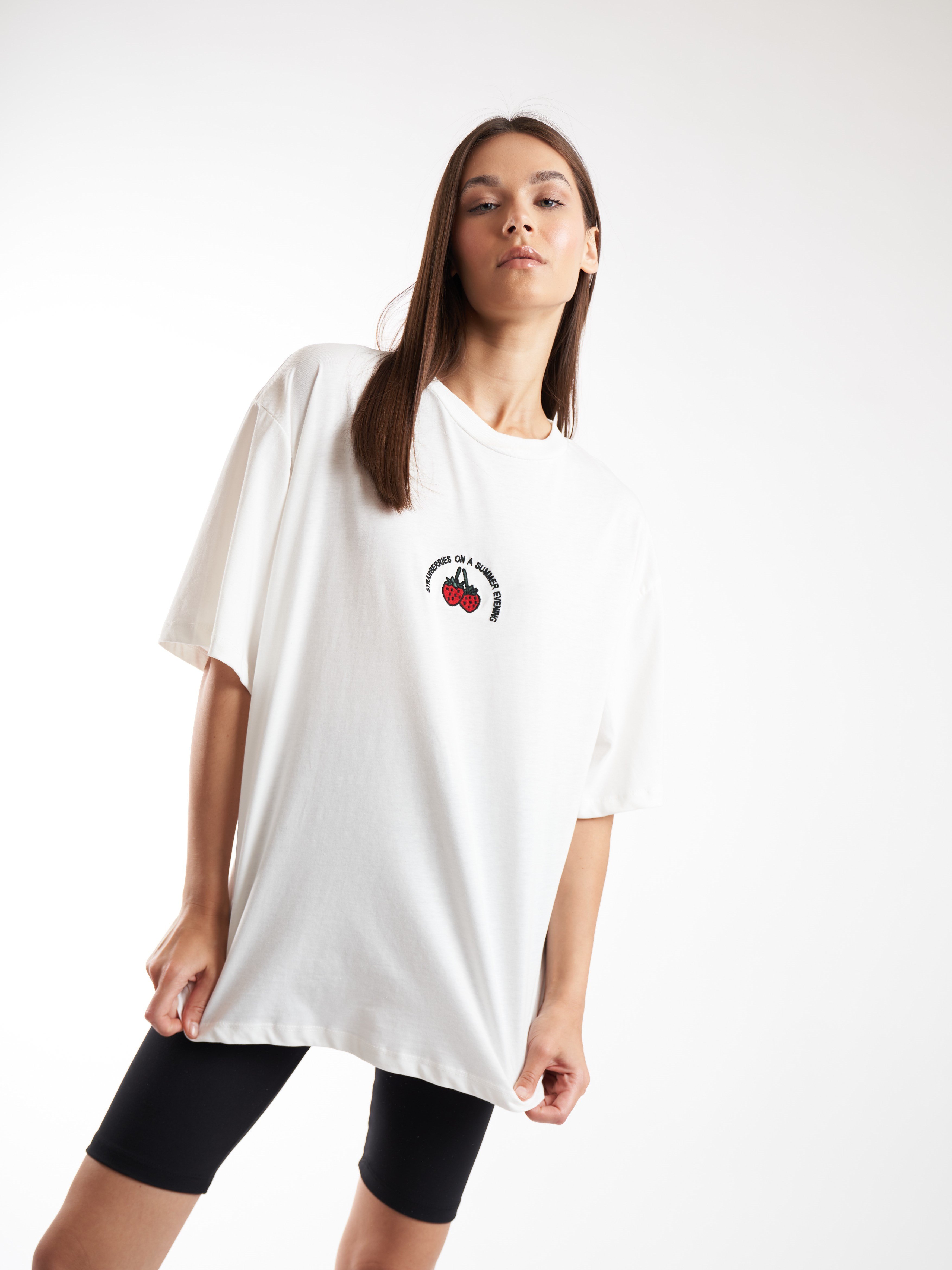 Baskılı Kısa Kol Oversize T-shirt Ekru