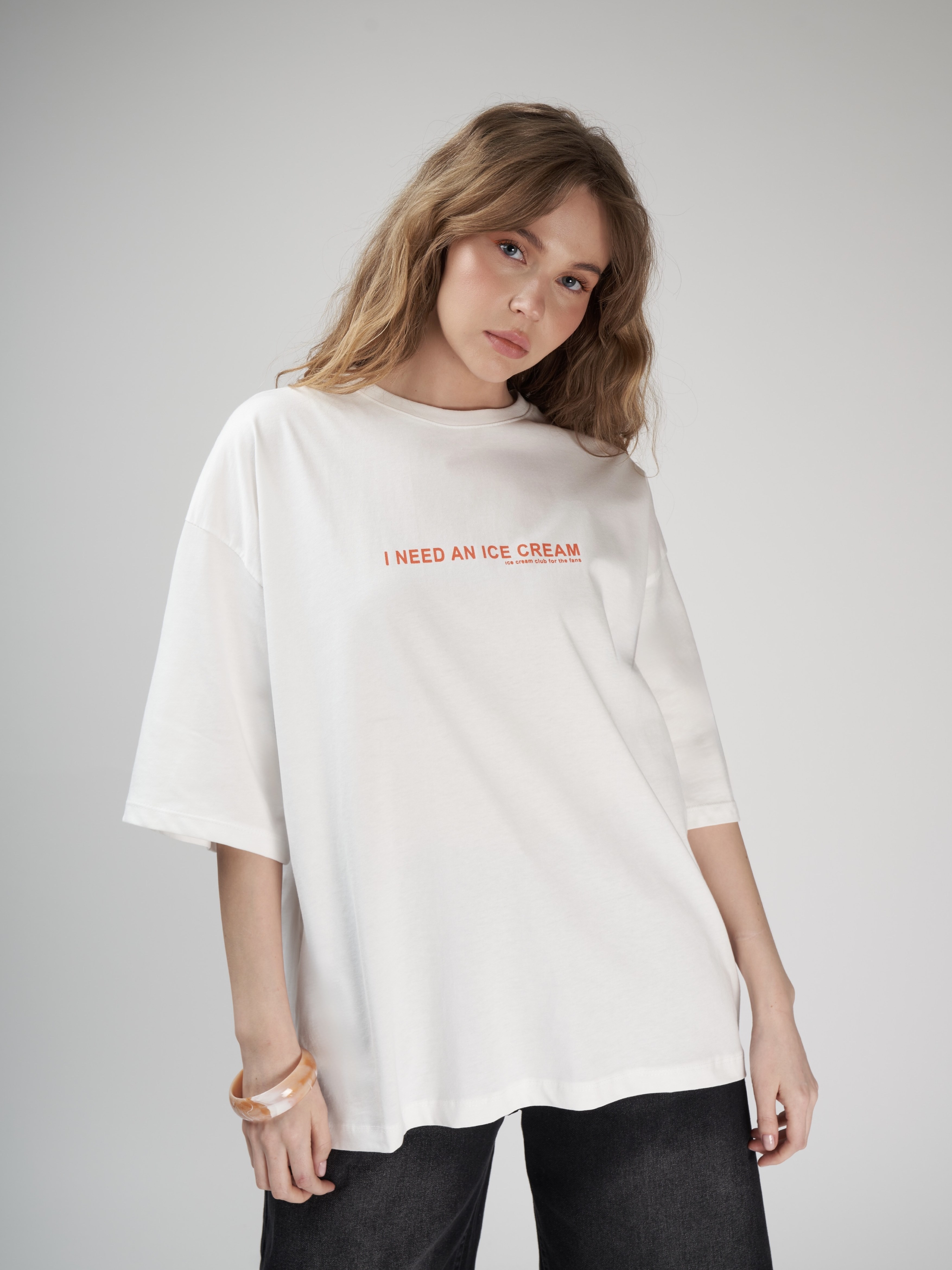 Baskılı Kısa Kol Oversize T-shirt Ekru
