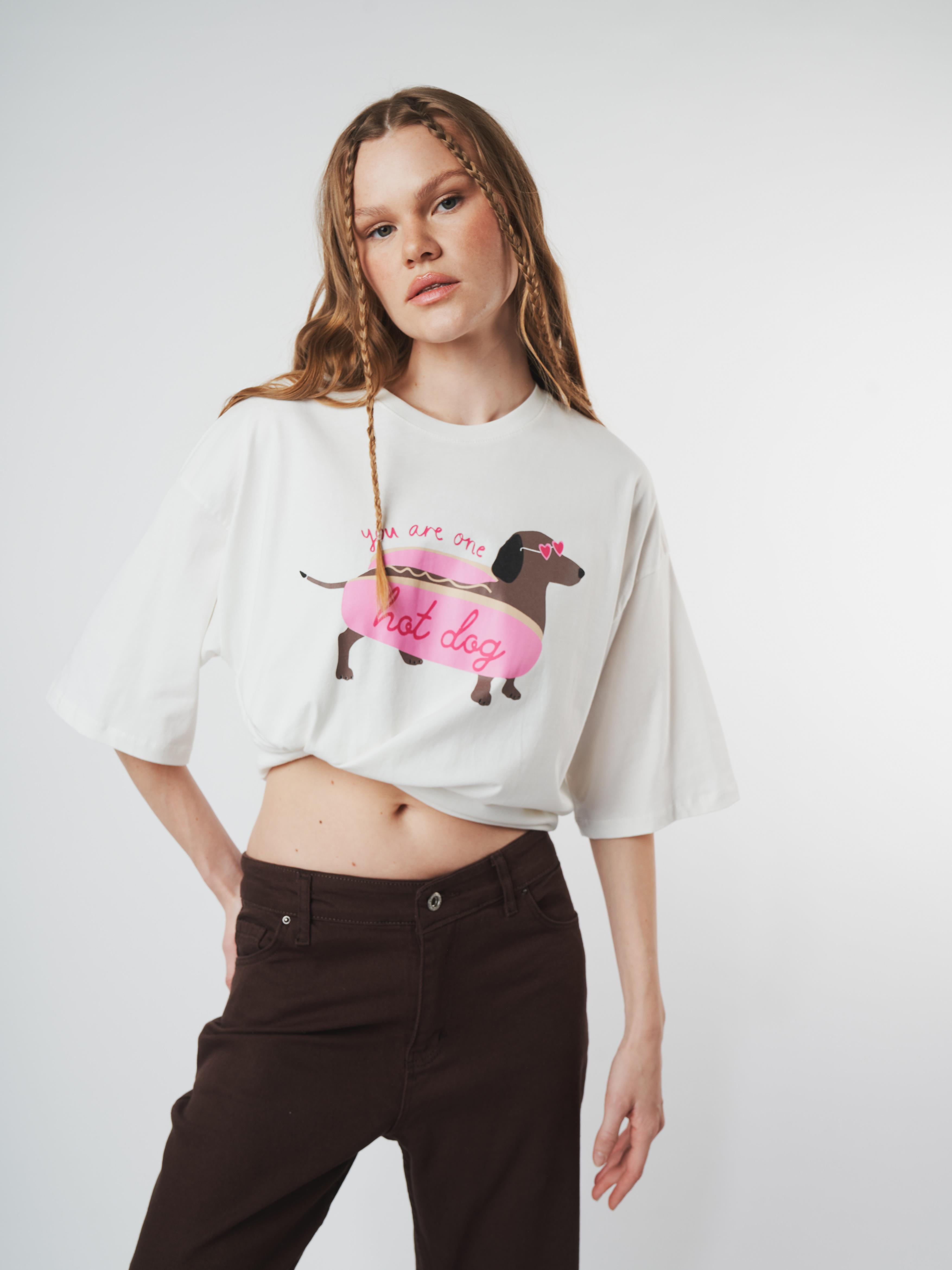 Baskılı Kısa Kol Oversize T-shirt Ekru