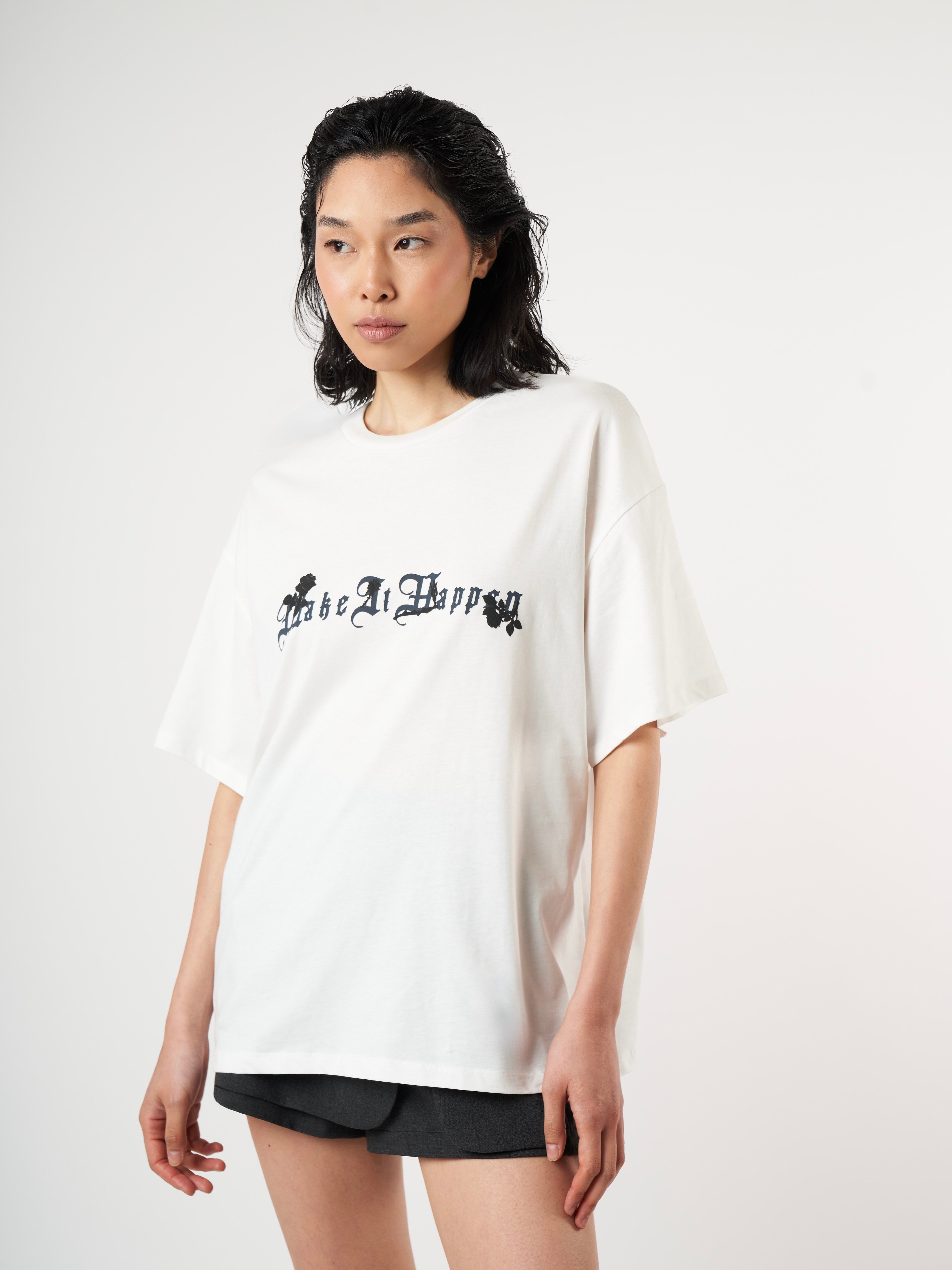 Baskılı Kısa Kol Oversize T-shirt Ekru