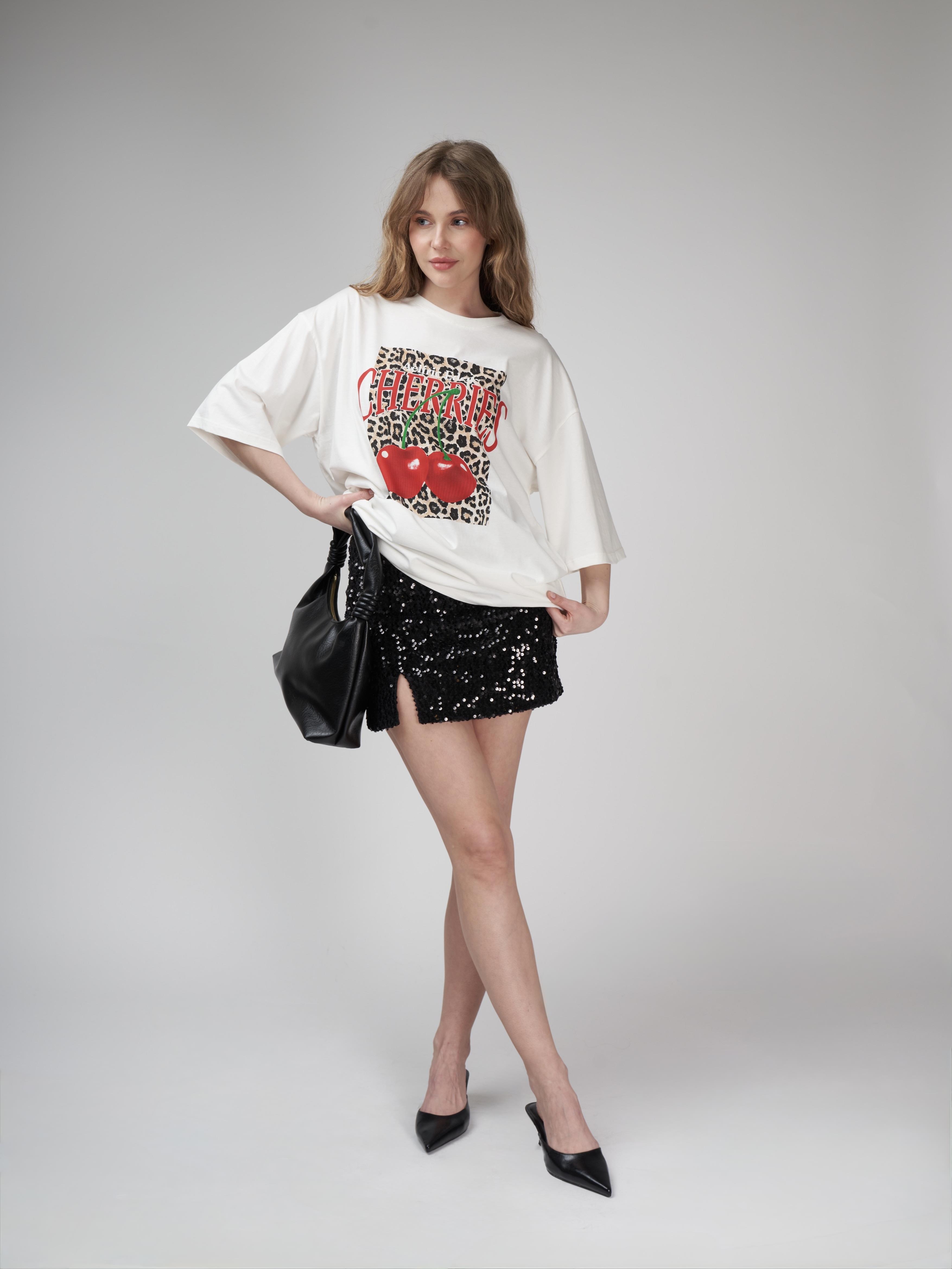 Baskılı Kısa Kol Oversize T-shirt Ekru
