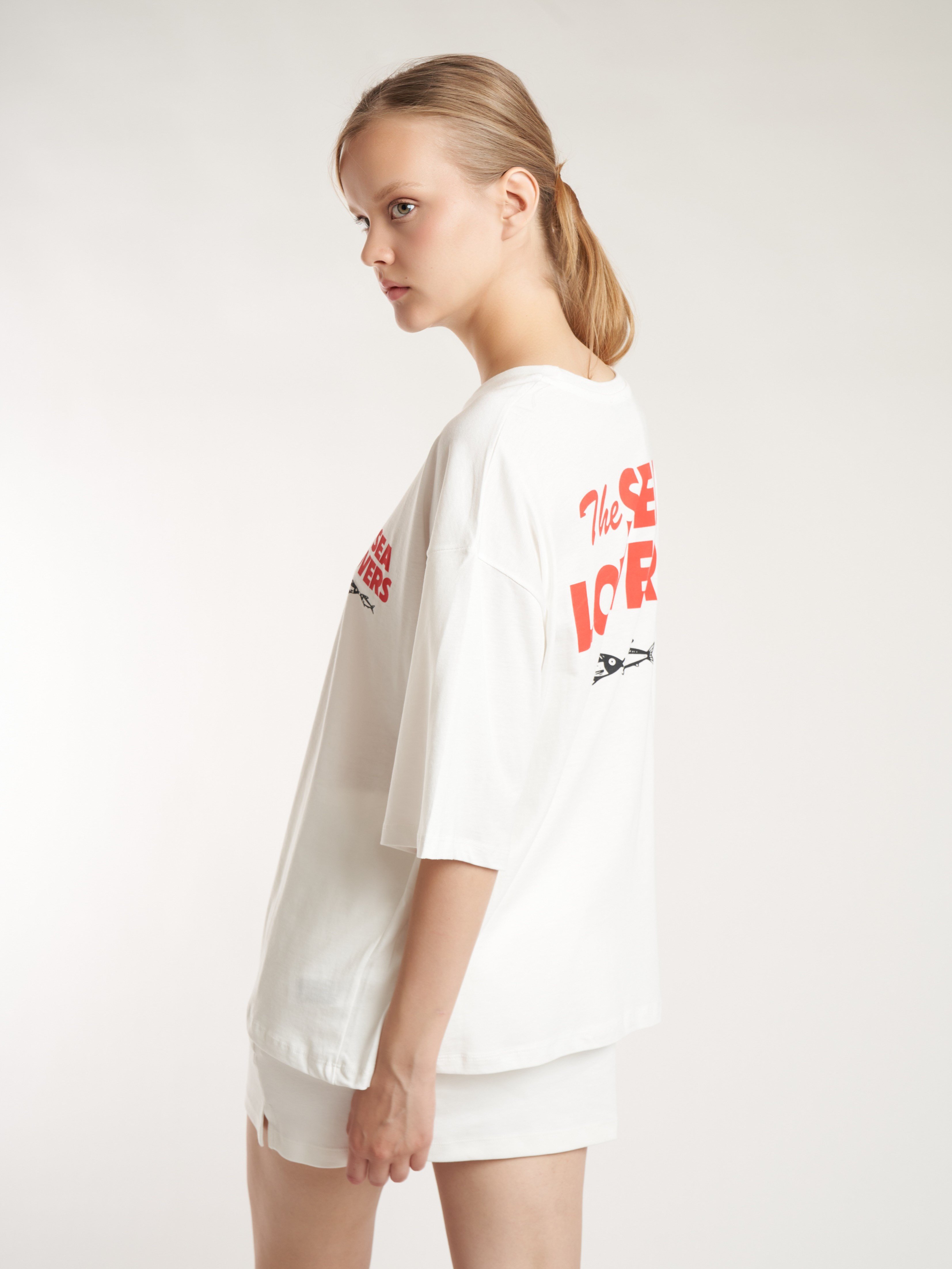 Baskılı Kısa Kol Oversize T-shirt Ekru