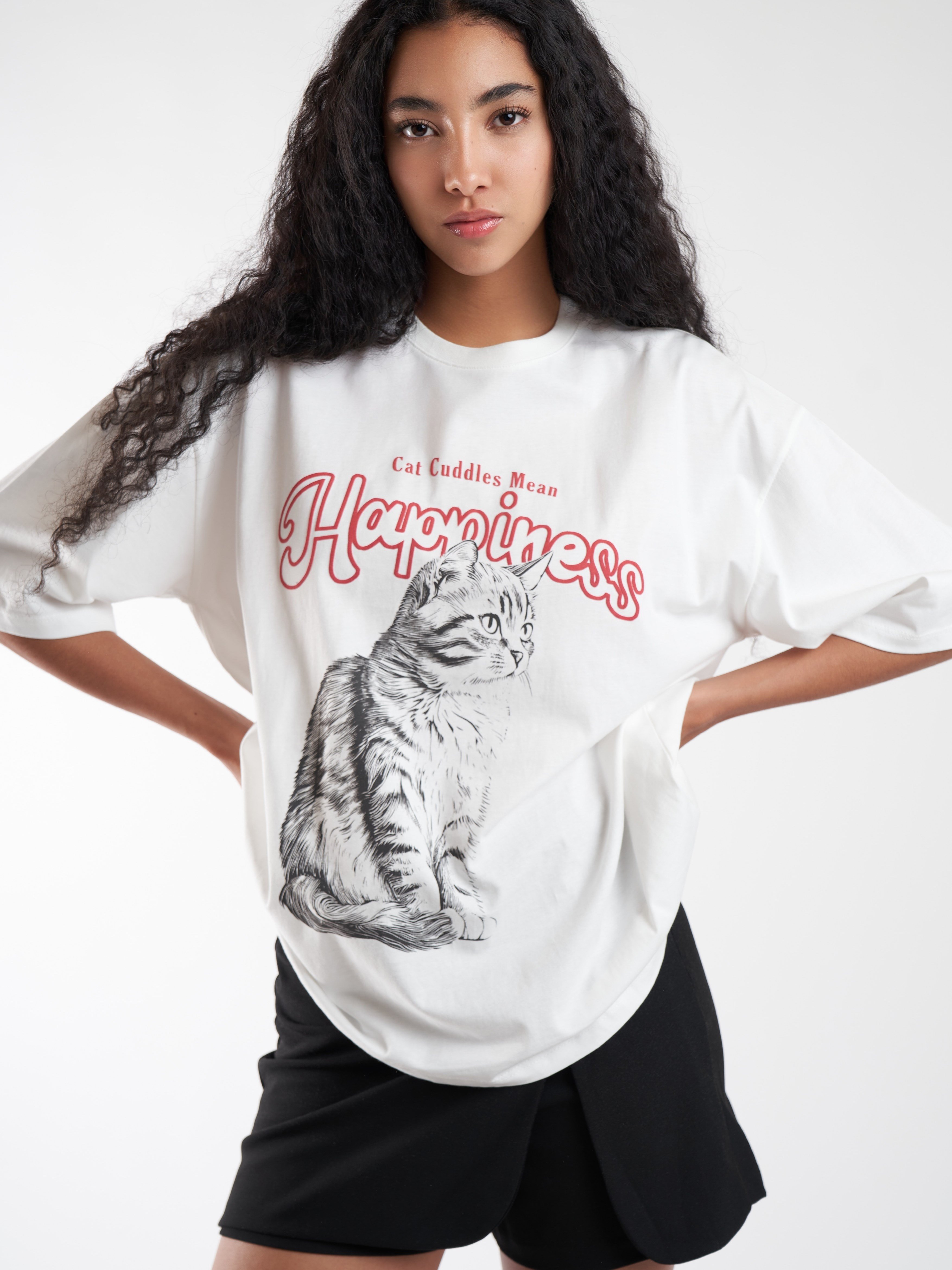 Baskılı Kısa Kol Oversize T-shirt Ekru