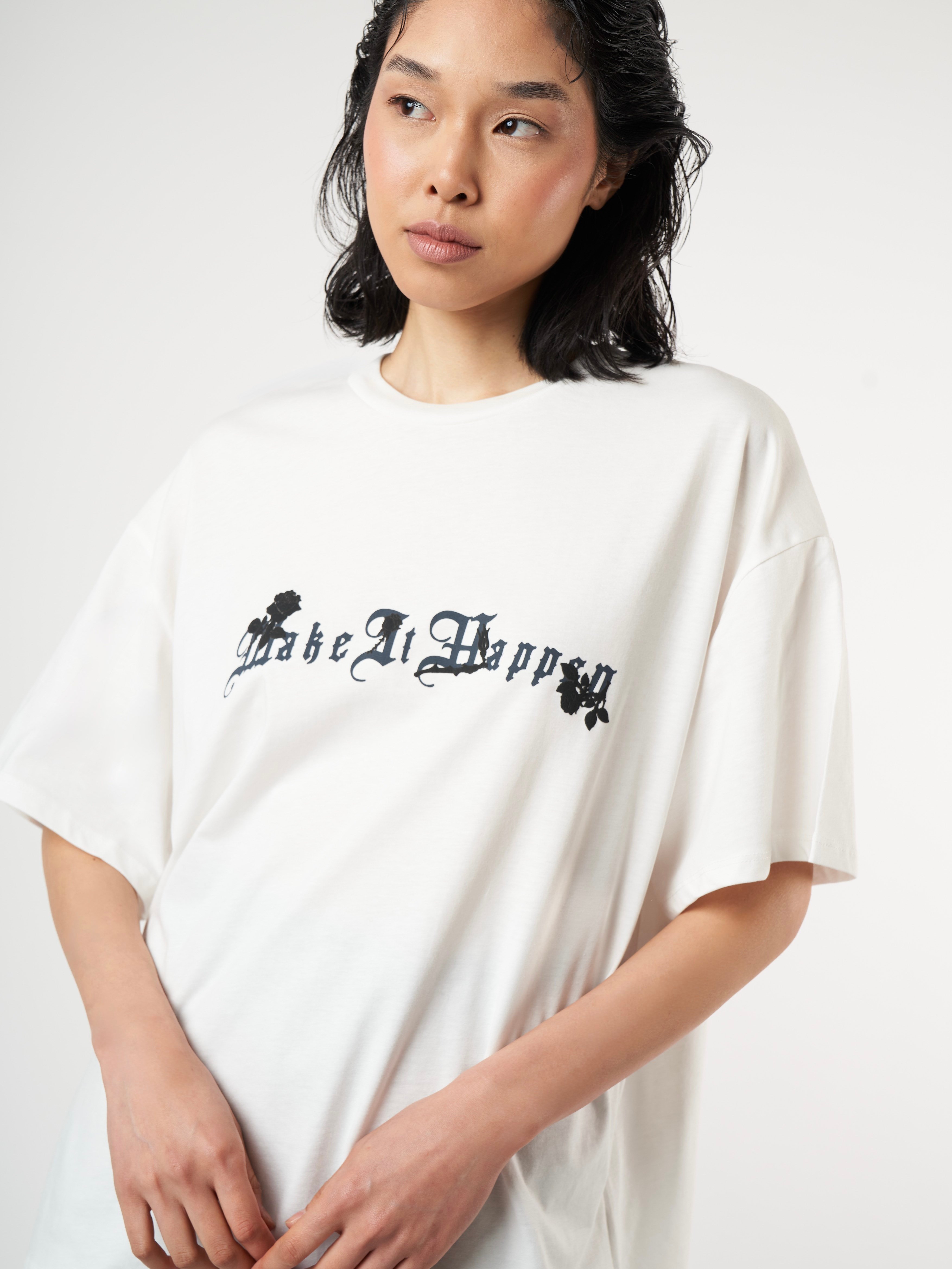 Baskılı Kısa Kol Oversize T-shirt Ekru