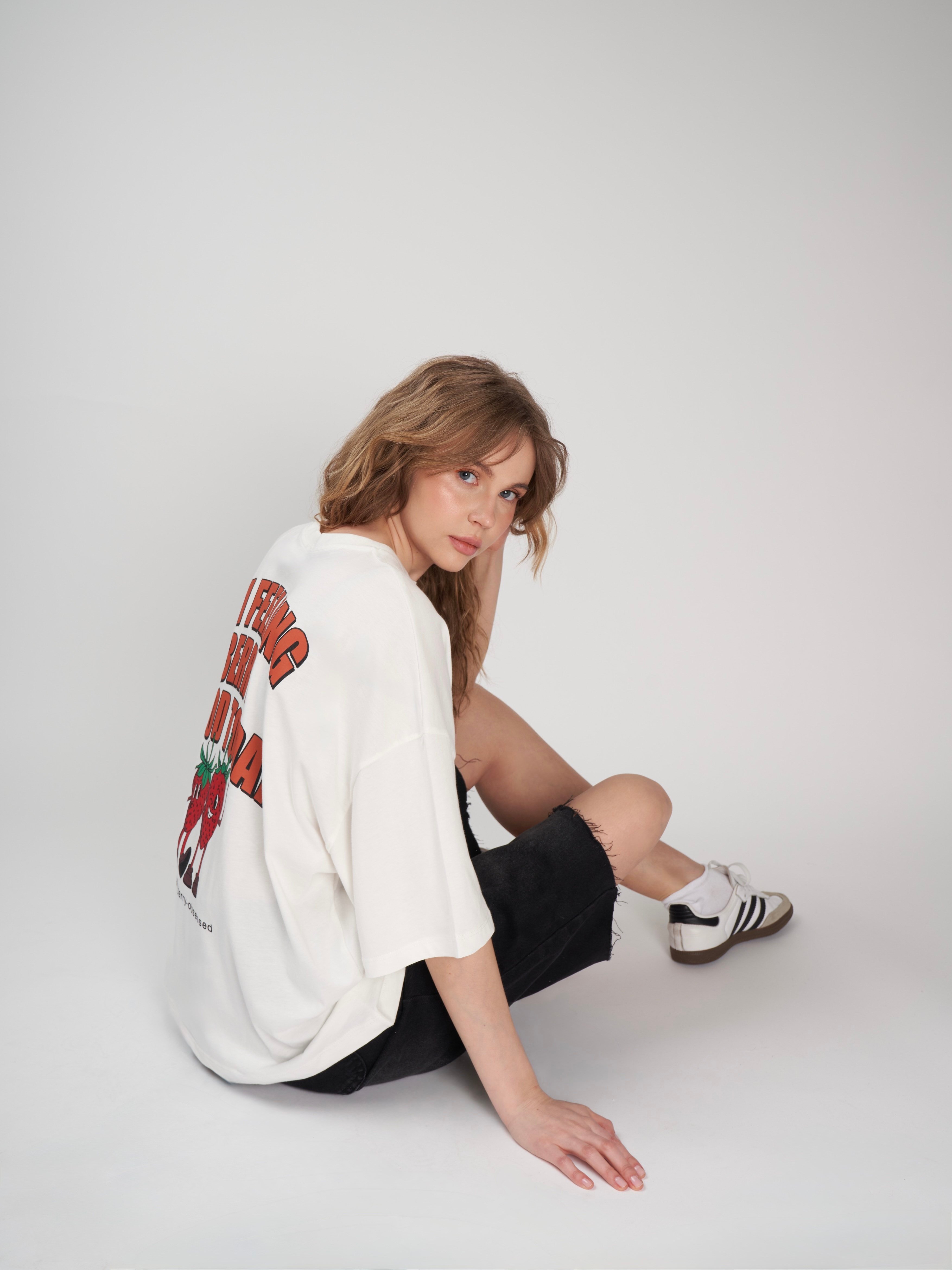 Baskılı Kısa Kol Oversize T-shirt Ekru