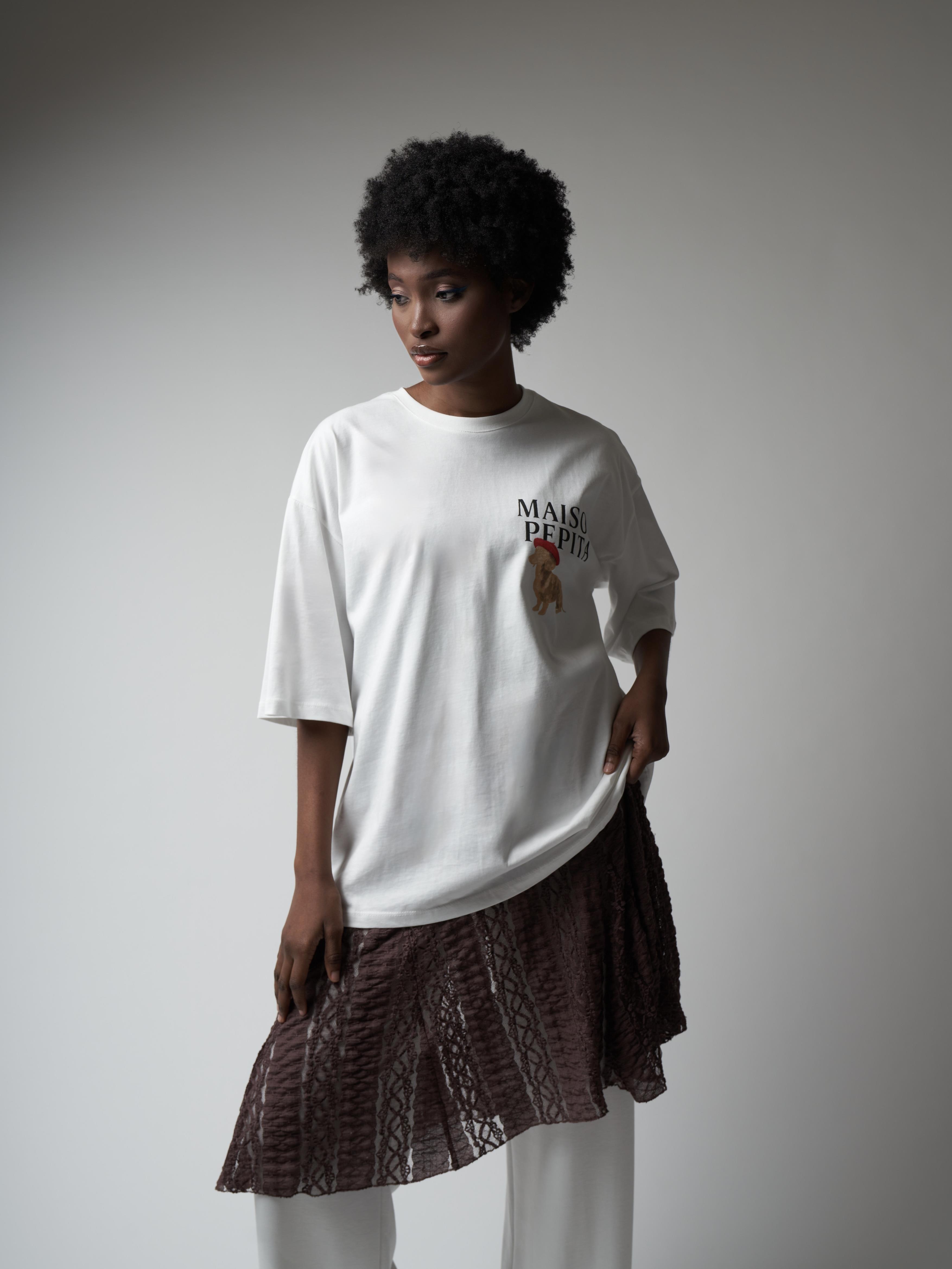 Baskılı Kısa Kol Oversize T-shirt Ekru