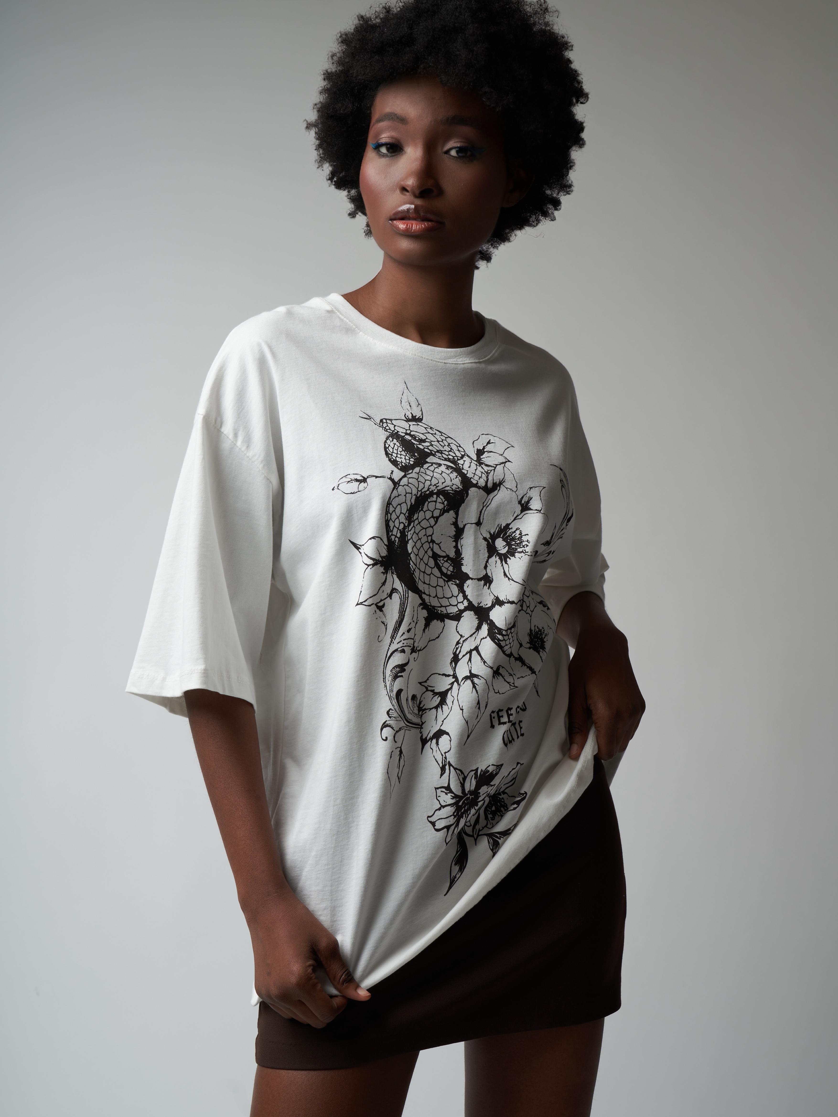 Baskılı Kısa Kol Oversize T-shirt Ekru
