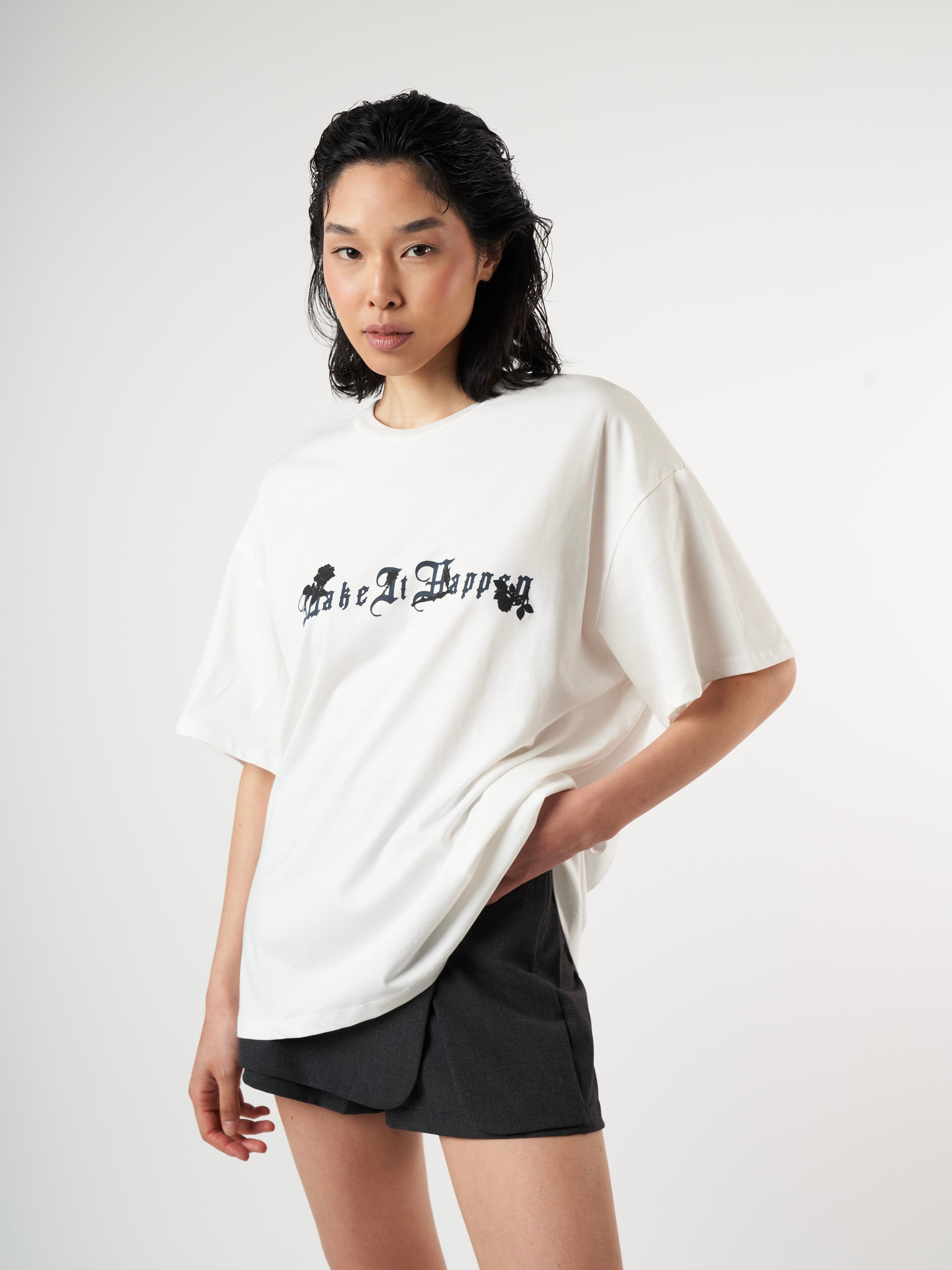 Baskılı Kısa Kol Oversize T-shirt Ekru