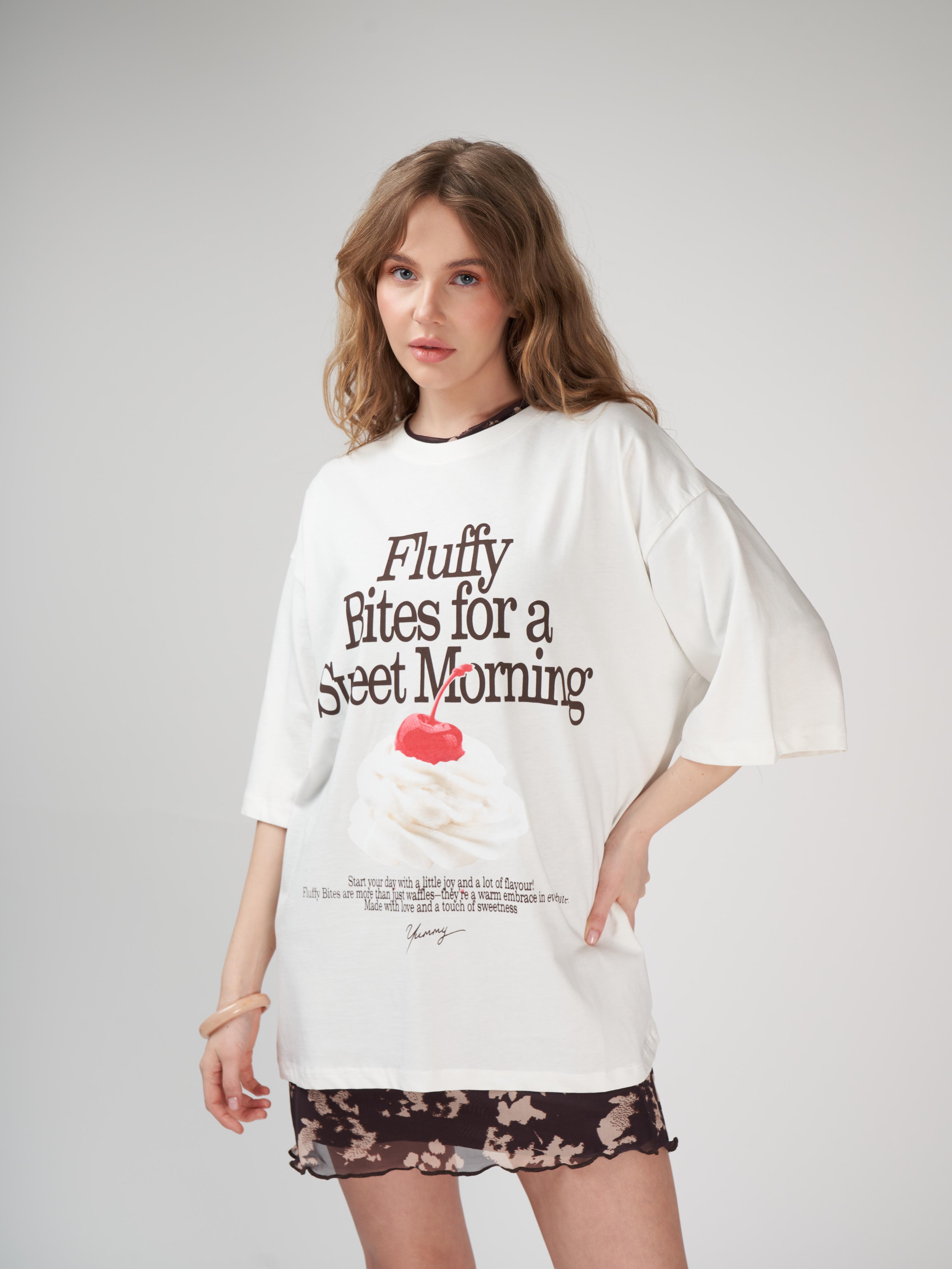 Baskılı Kısa Kol Oversize T-shirt Ekru