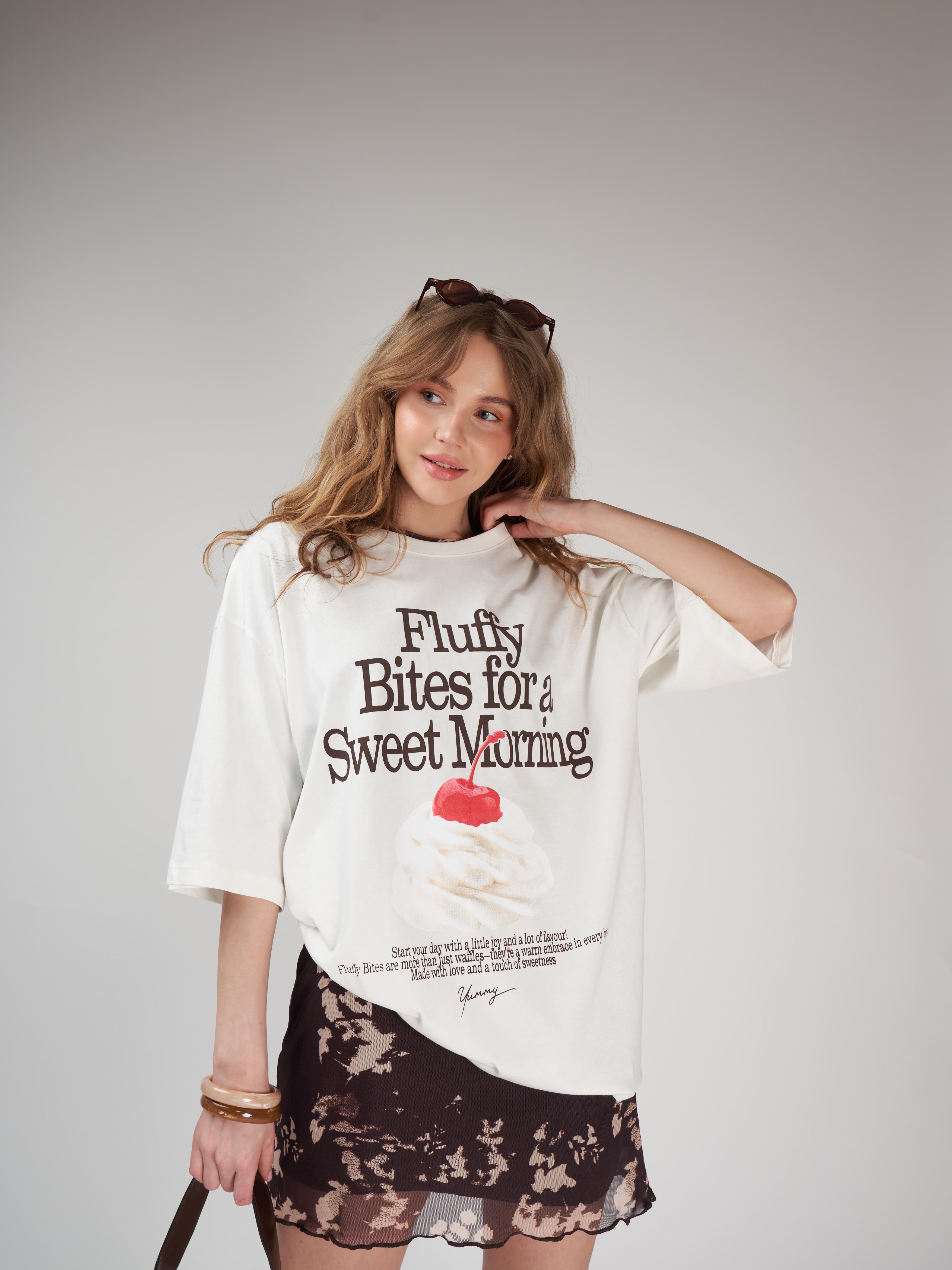 Baskılı Kısa Kol Oversize T-shirt Ekru