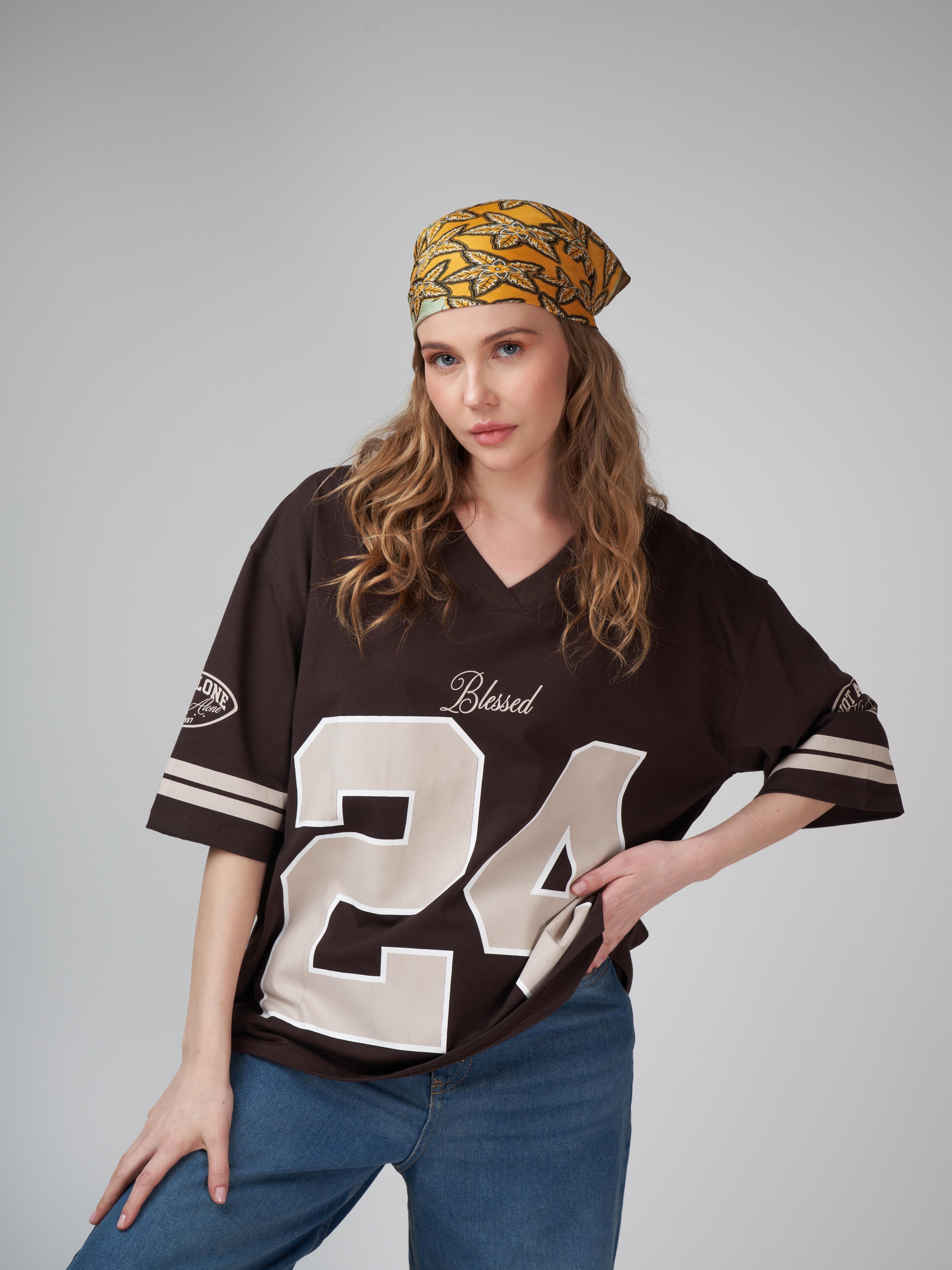 Baskılı Kısa Kol Oversize T-shirt Kahve