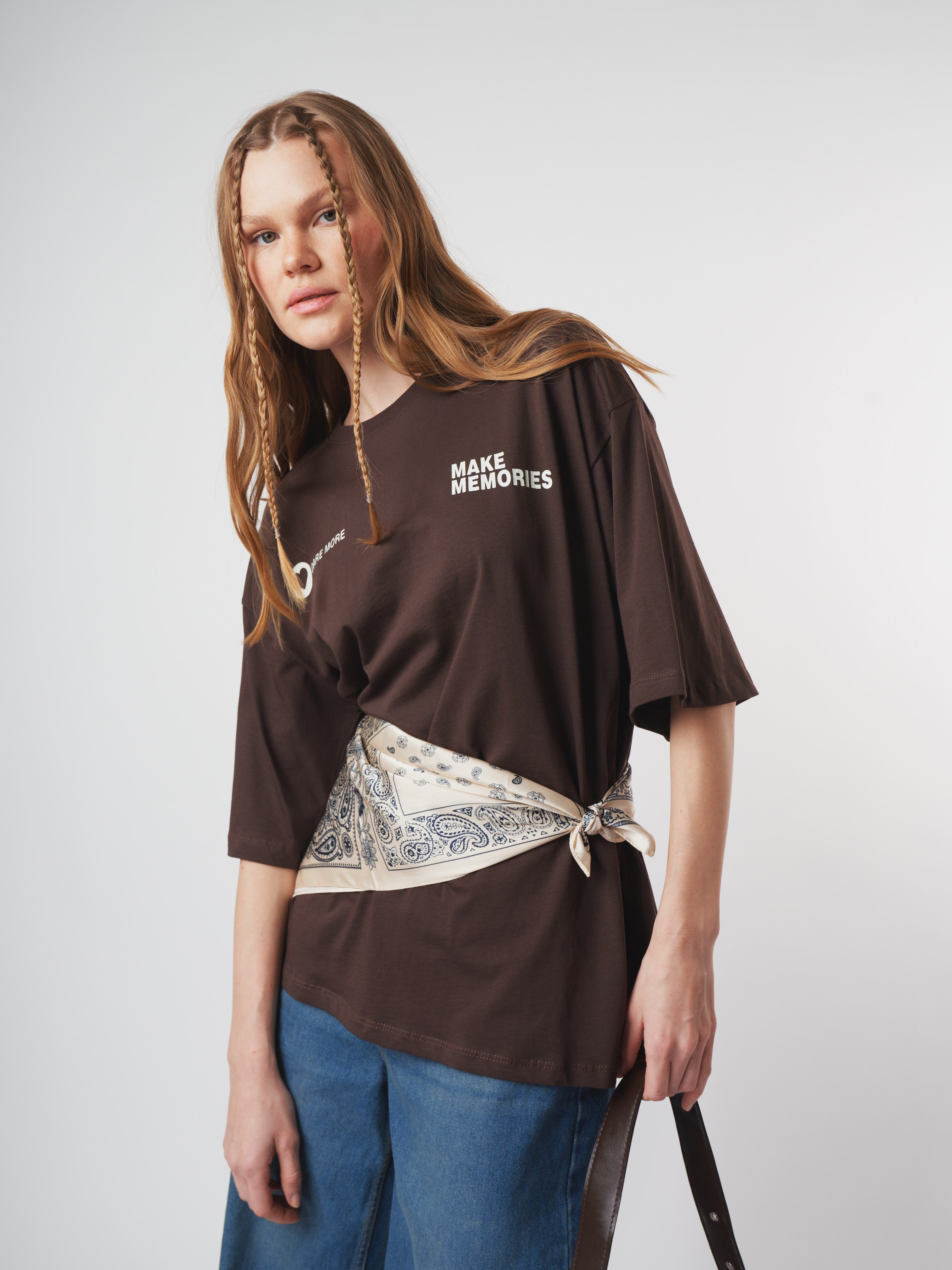 Baskılı Kısa Kol Oversize T-shirt Kahve