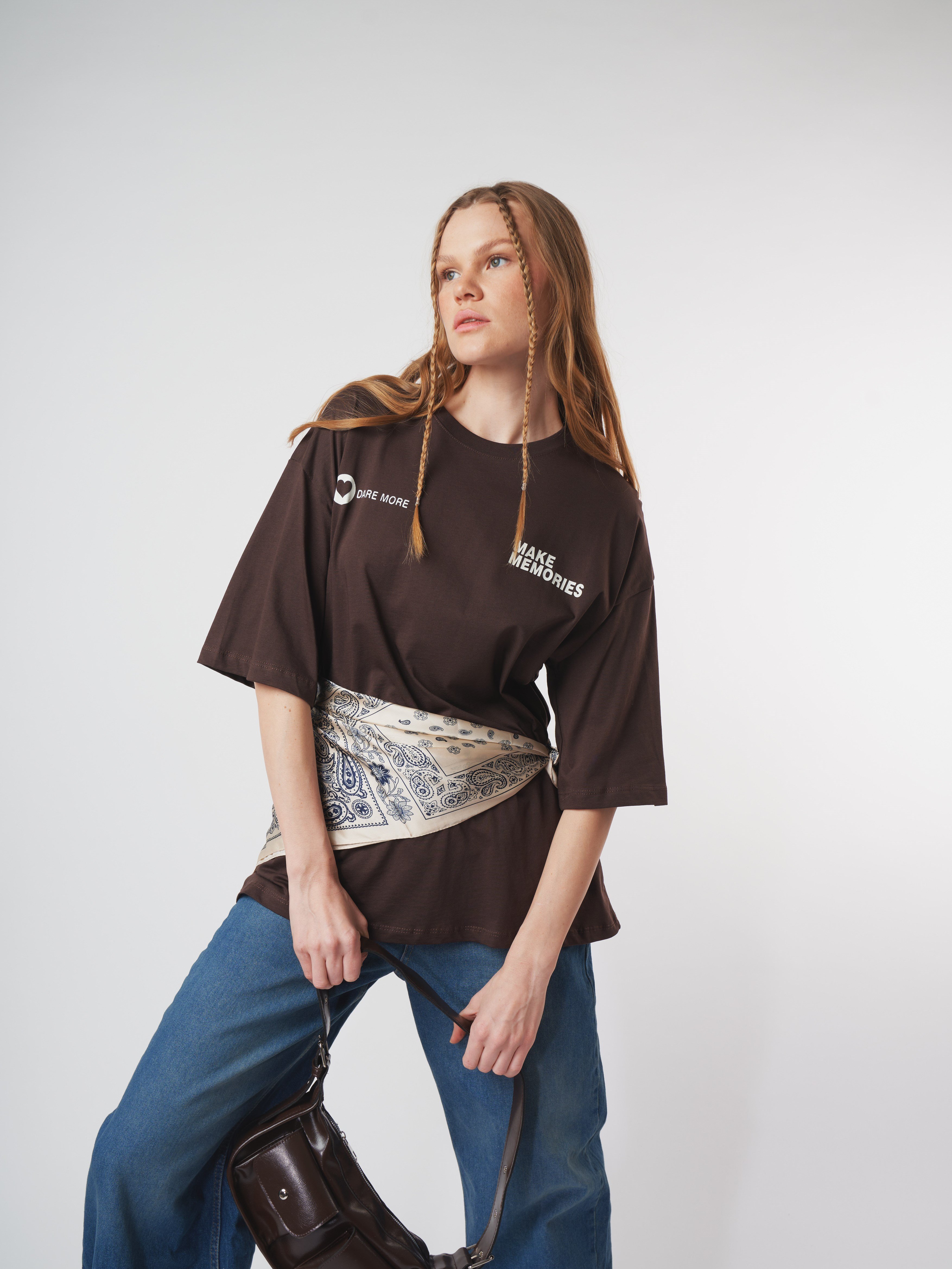 Baskılı Kısa Kol Oversize T-shirt Kahve