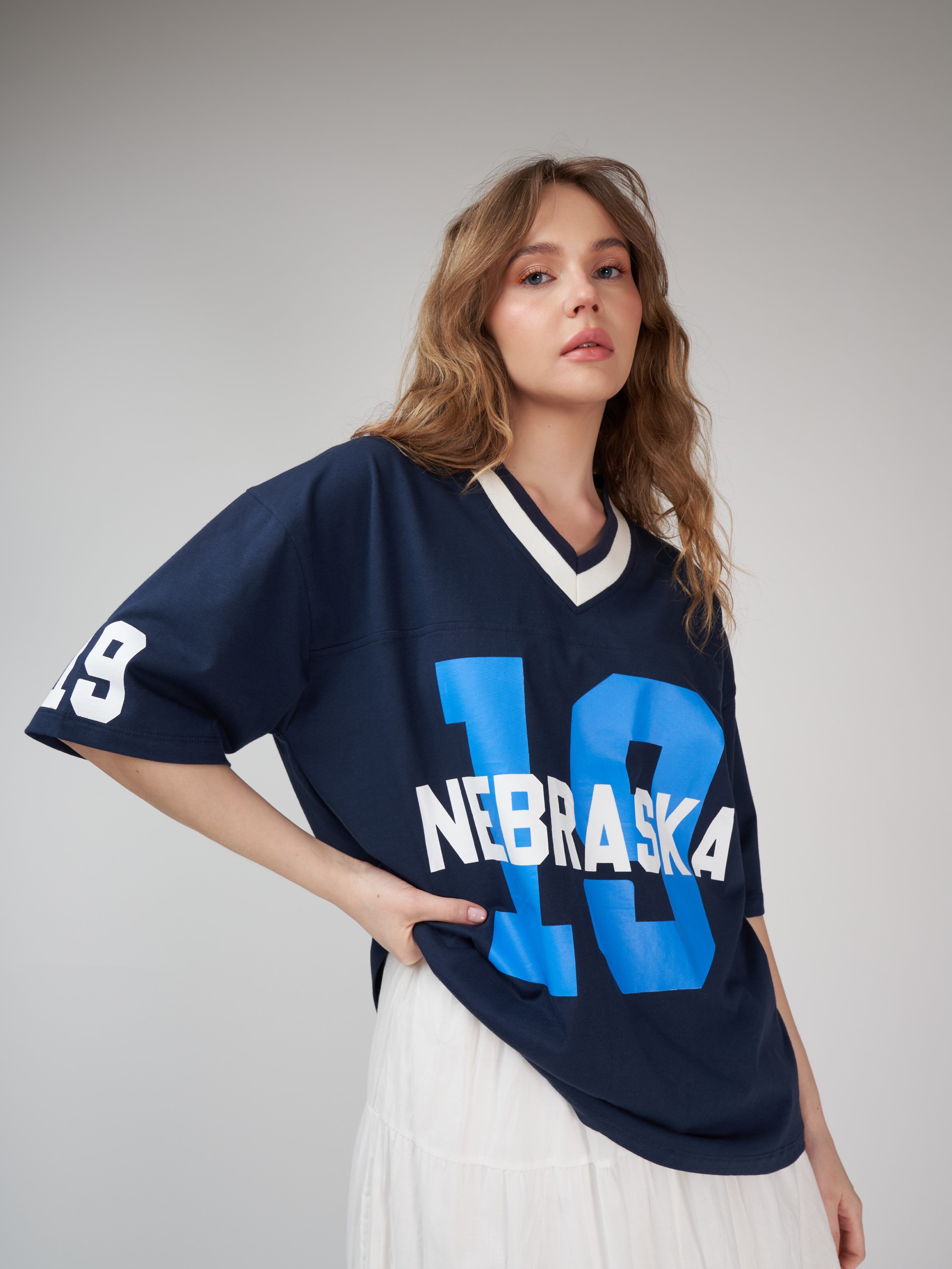 Baskılı Kısa Kol Oversize T-shirt Lacivert